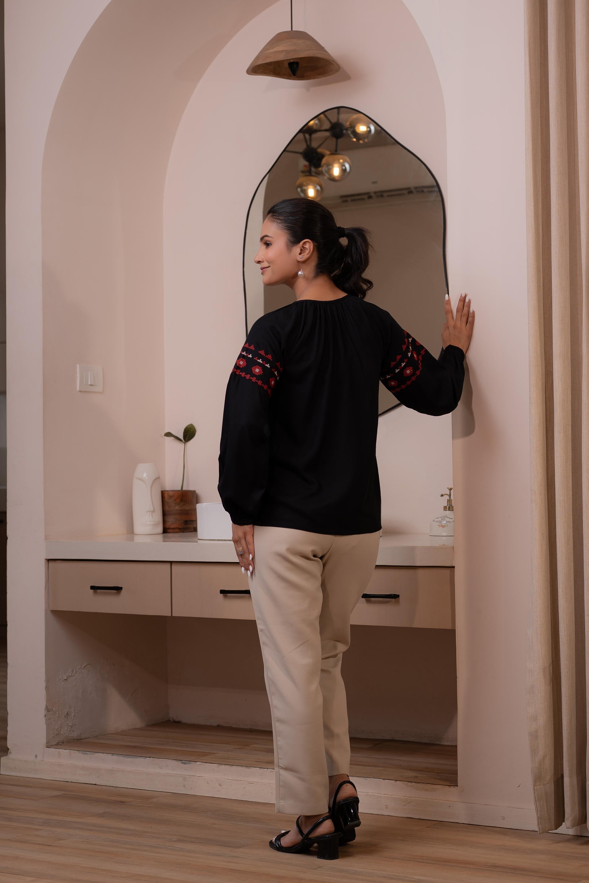 Juniper Lamora Black Boho Embroidered Tunic With Geometric Red Motifs