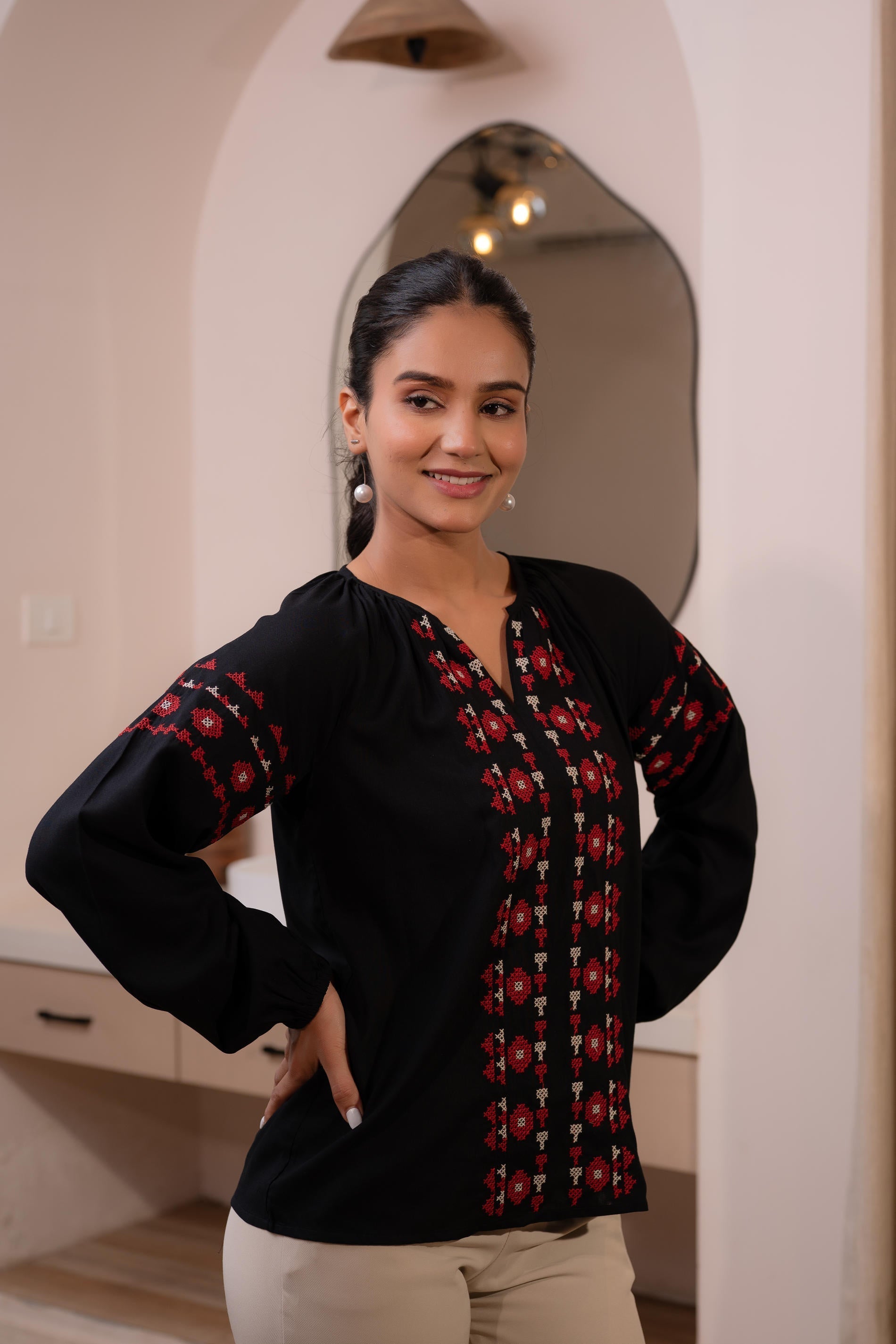 Juniper Lamora Black Boho Embroidered Tunic With Geometric Red Motifs