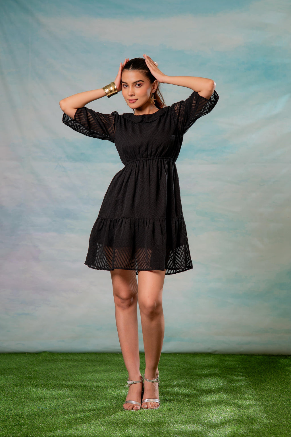 Juniper Lamora Black Chevron-Sheer Fit & Flare Mini Dress