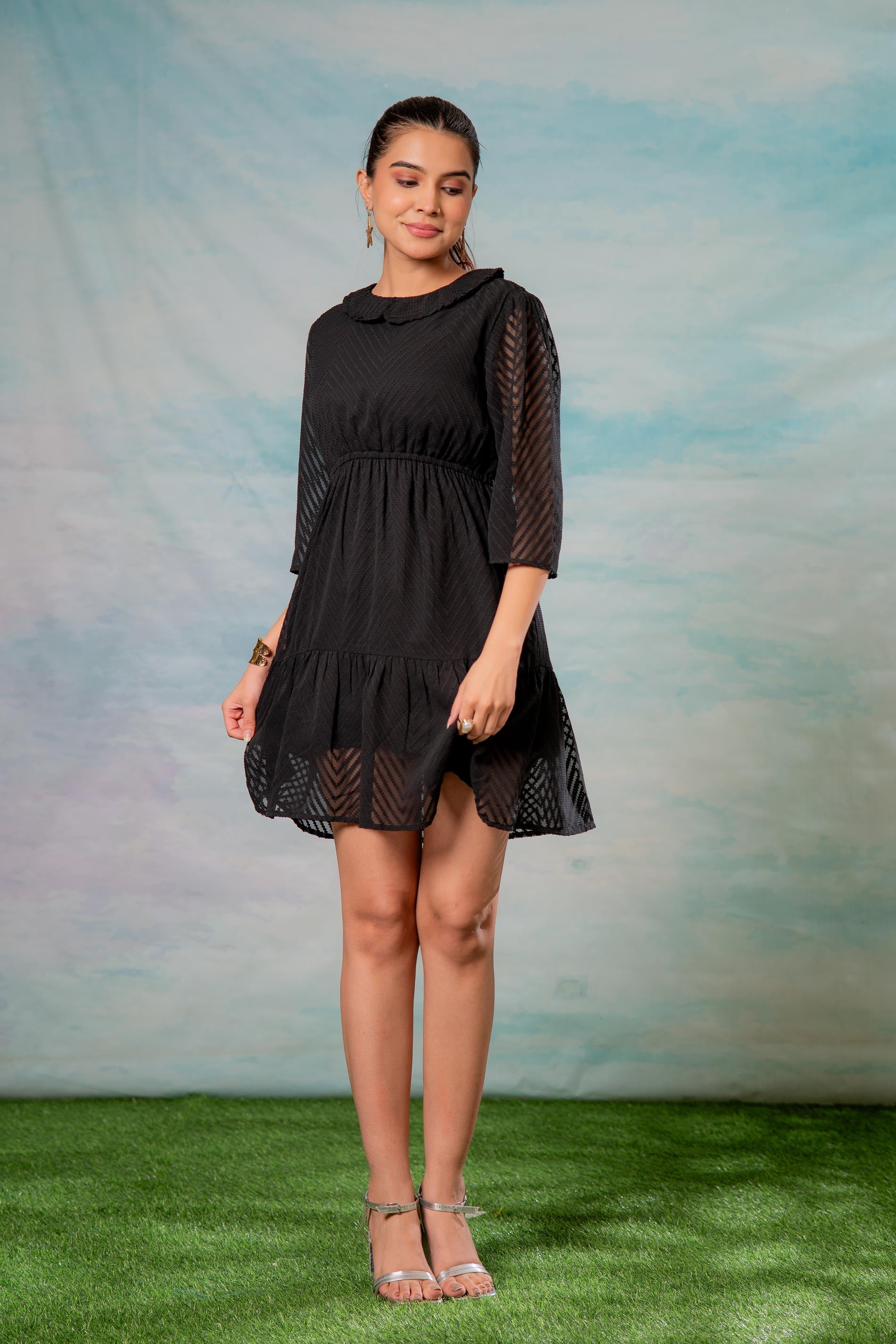 Juniper Lamora Black Chevron-Sheer Fit & Flare Mini Dress