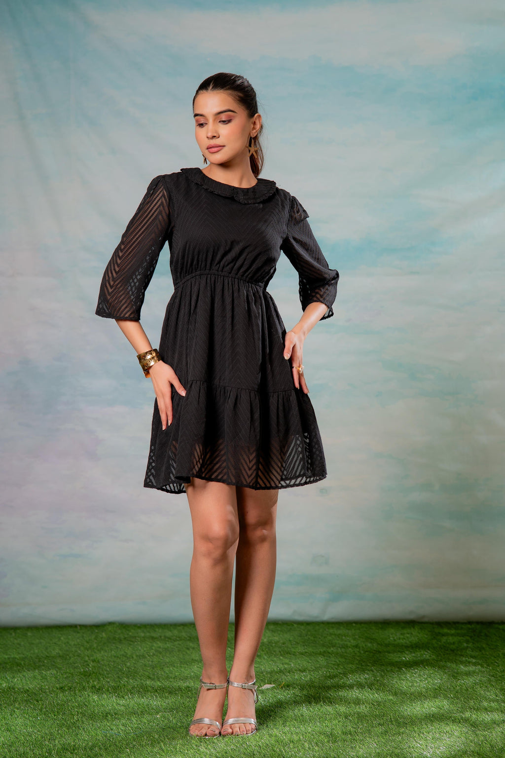 Juniper Lamora Black Chevron-Sheer Fit & Flare Mini Dress