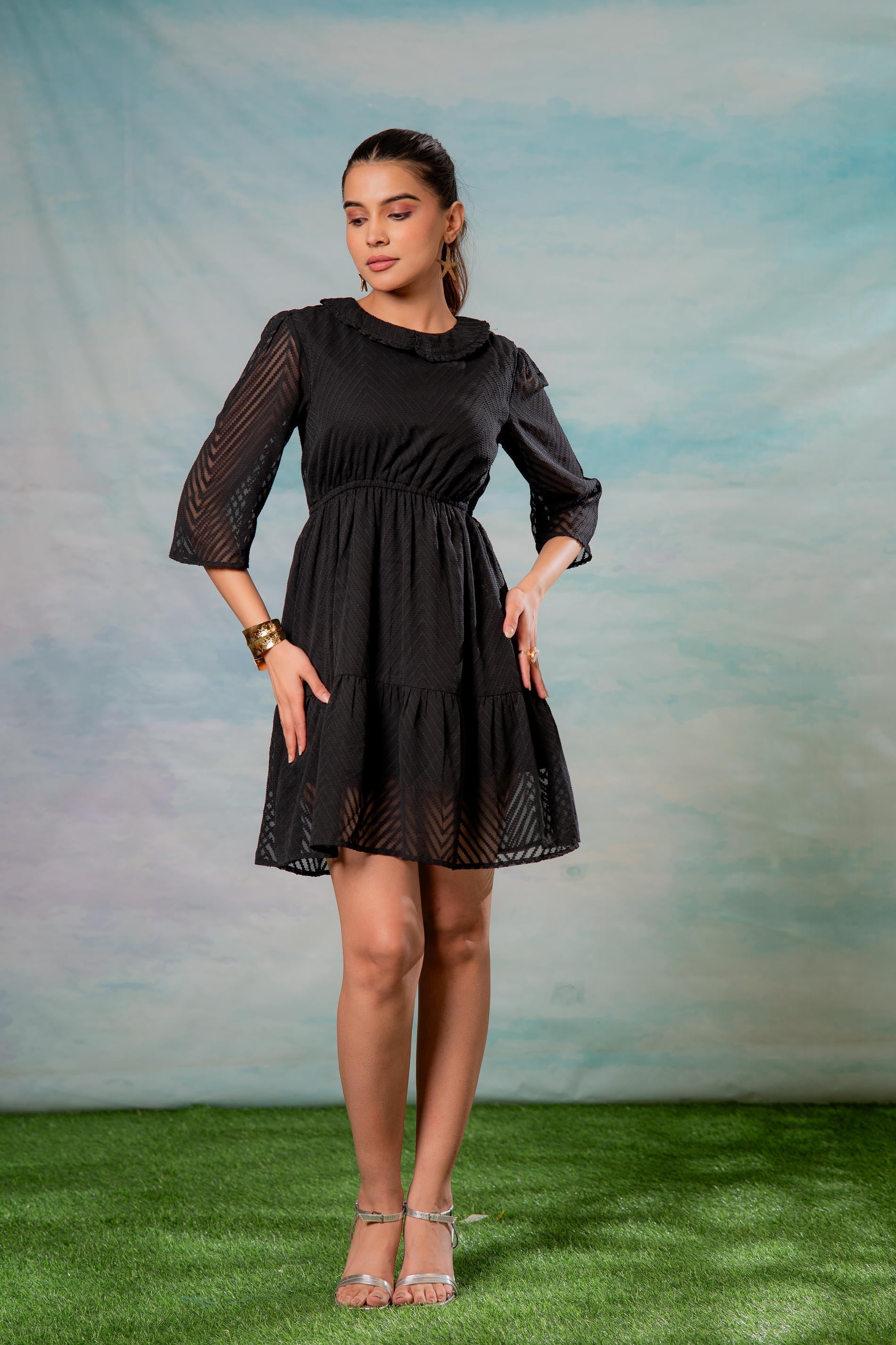 Juniper Lamora Black Chevron-Sheer Fit & Flare Mini Dress