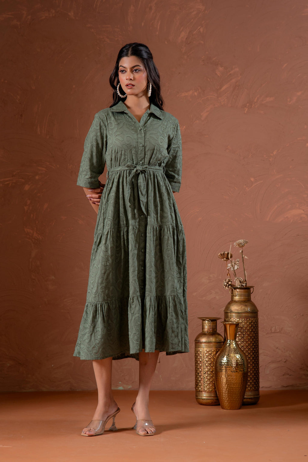 Juniper Sage Green Jacquard Tiered Shirt Dress With Waist Tie
