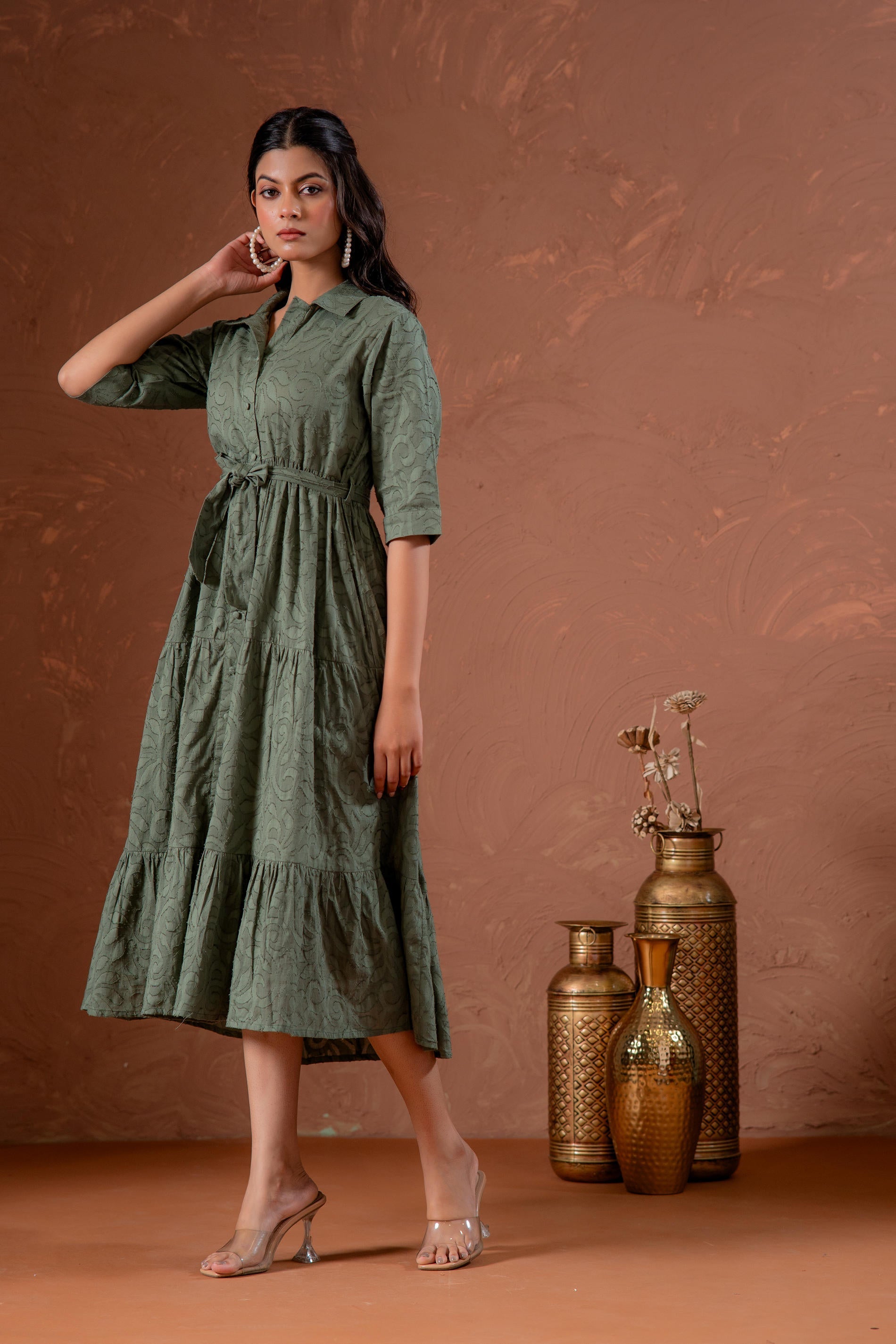 Juniper Sage Green Jacquard Tiered Shirt Dress With Waist Tie