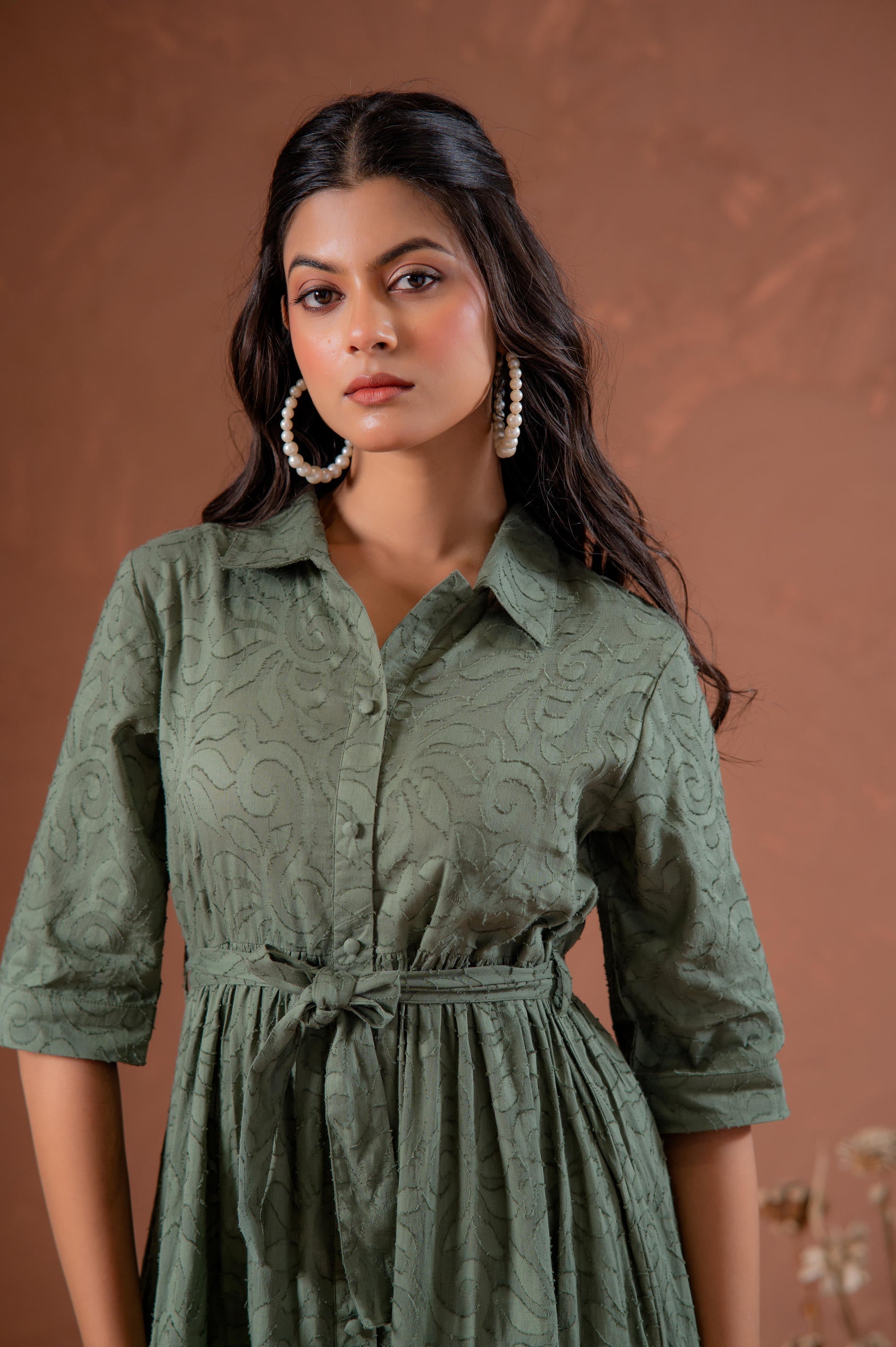 Juniper Sage Green Jacquard Tiered Shirt Dress With Waist Tie