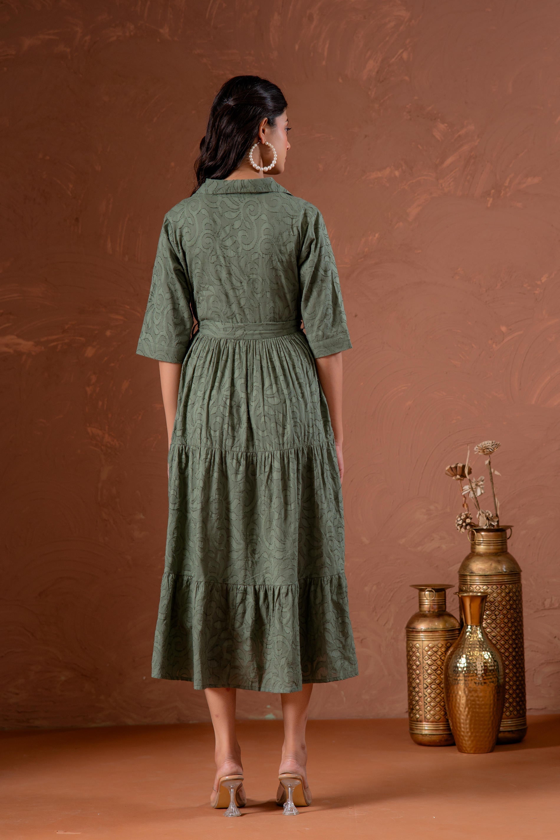 Juniper Sage Green Jacquard Tiered Shirt Dress With Waist Tie