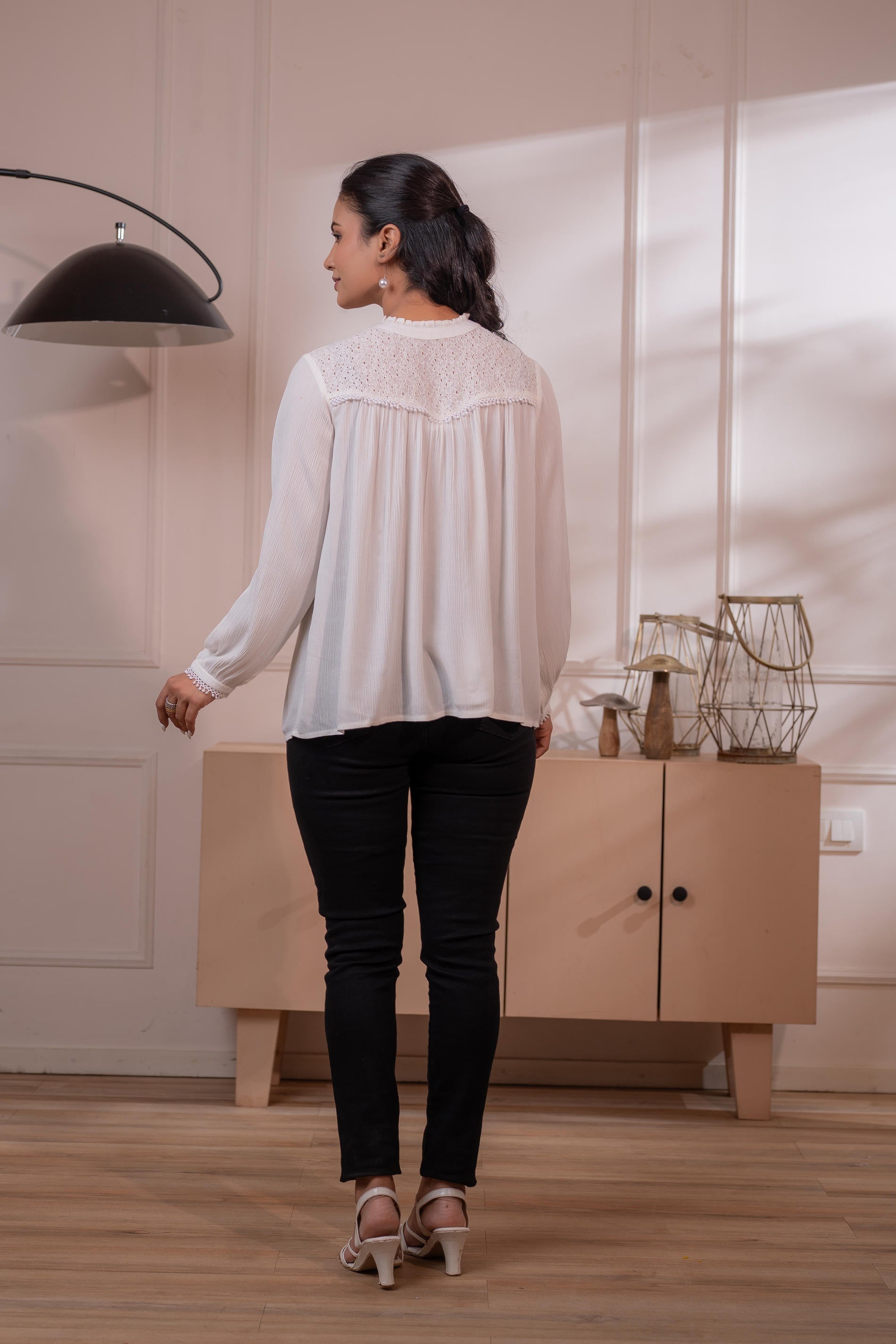 Juniper Lamora Off-White Eyelet Yoke Gathered Peasant Top