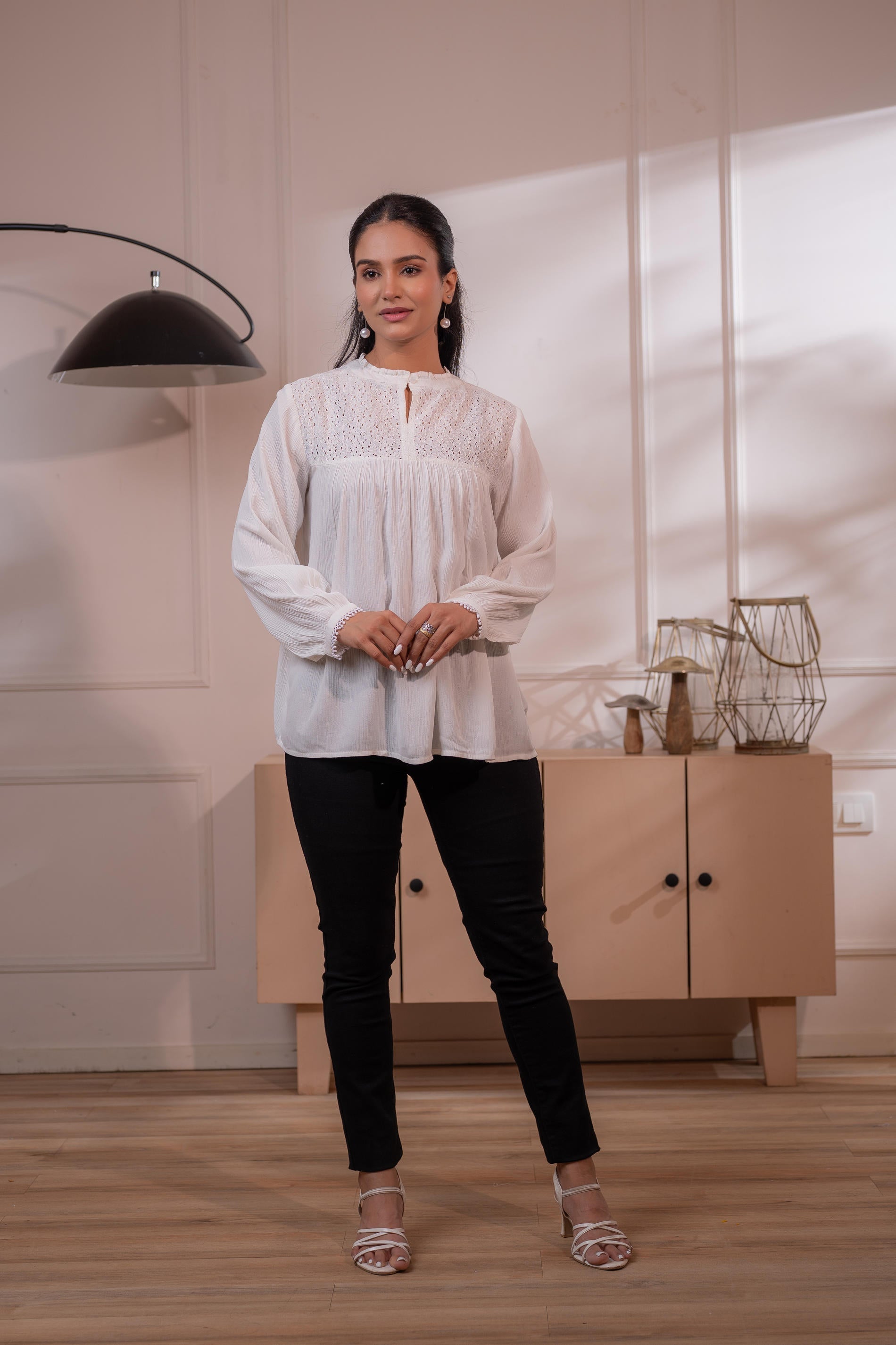 Juniper Lamora Off-White Eyelet Yoke Gathered Peasant Top