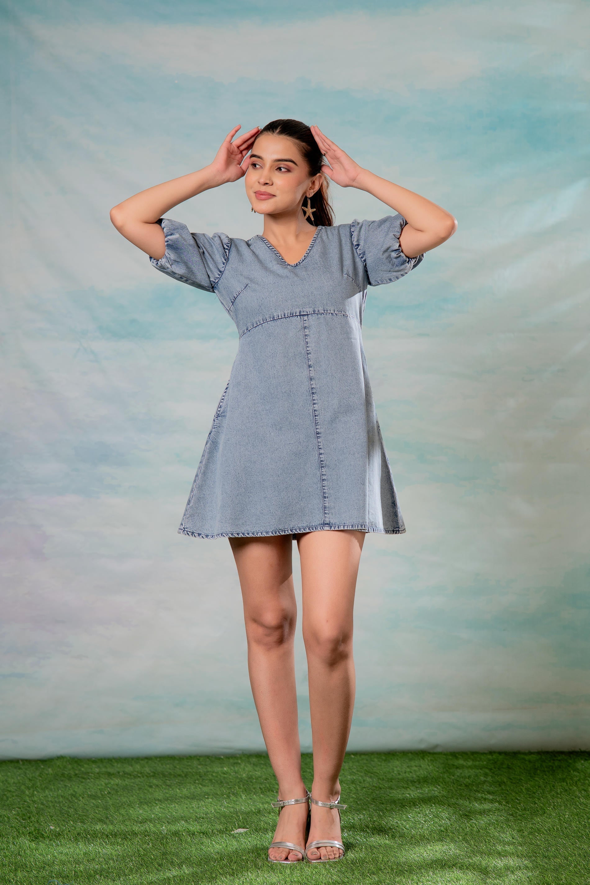 Juniper Lamora Light Blue Denim A-Line Mini Dress With Puff Sleeves