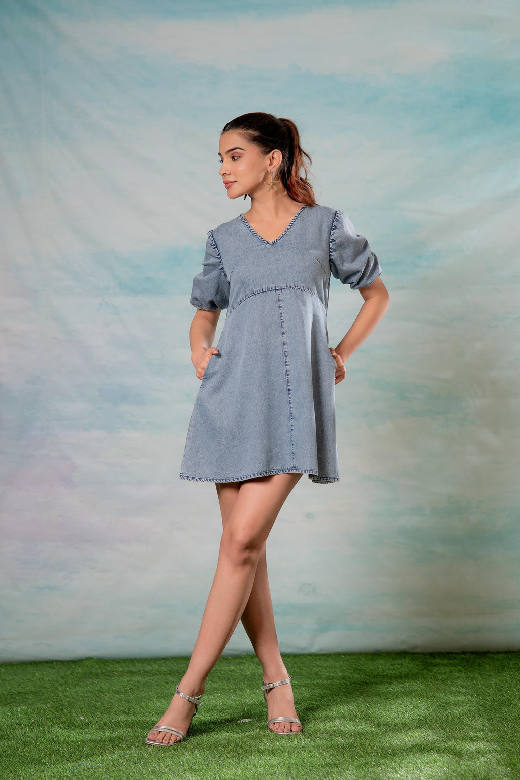 Juniper Lamora Light Blue Denim A-Line Mini Dress With Puff Sleeves