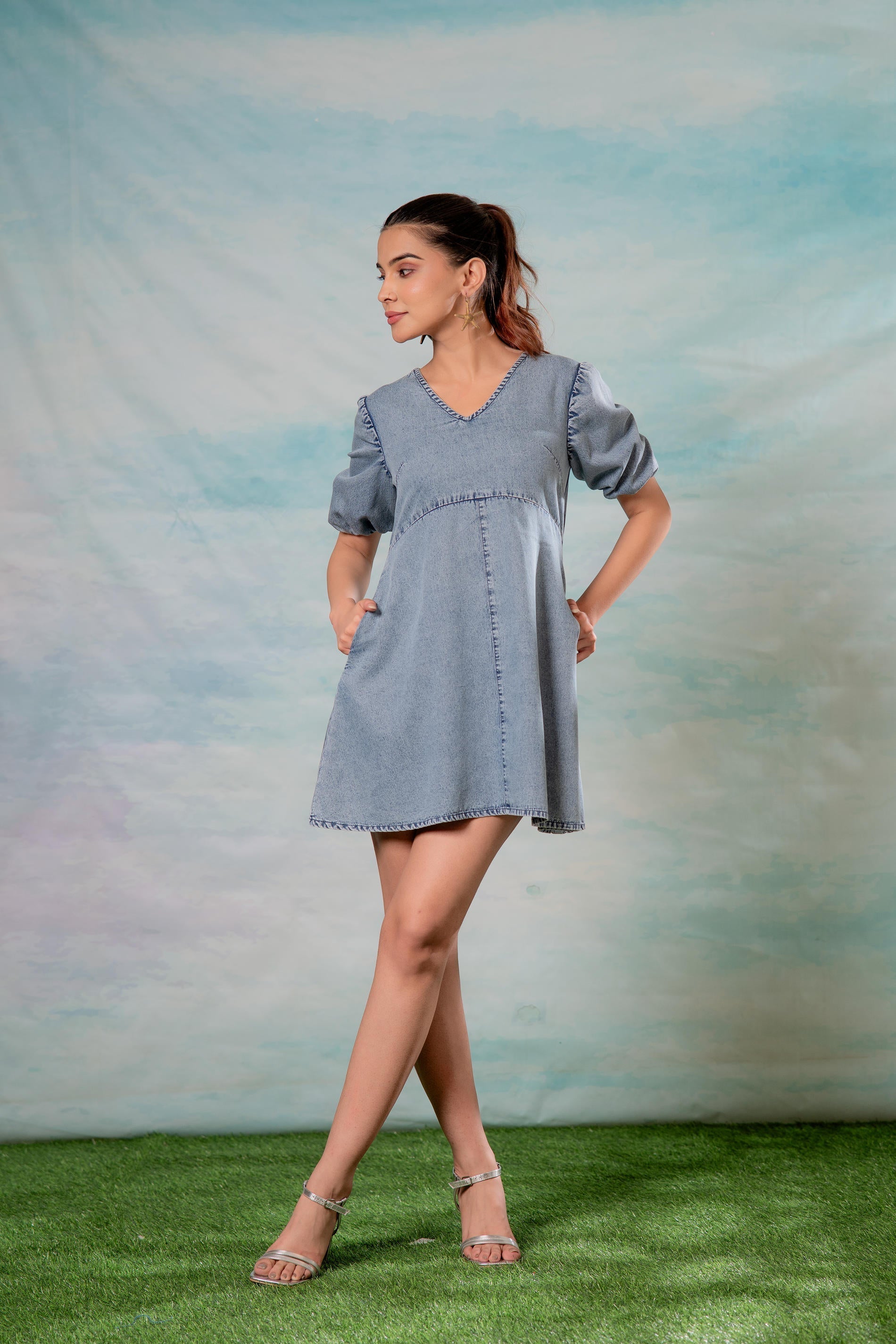 Juniper Lamora Light Blue Denim A-Line Mini Dress With Puff Sleeves