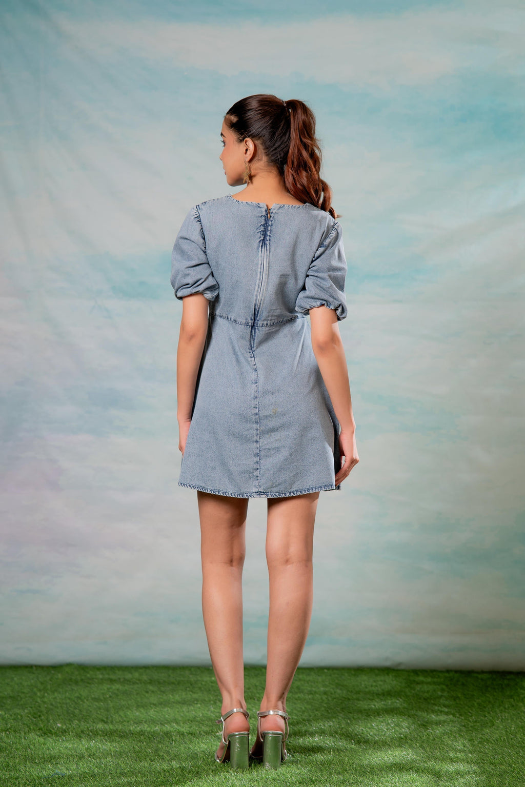 Juniper Lamora Light Blue Denim A-Line Mini Dress With Puff Sleeves