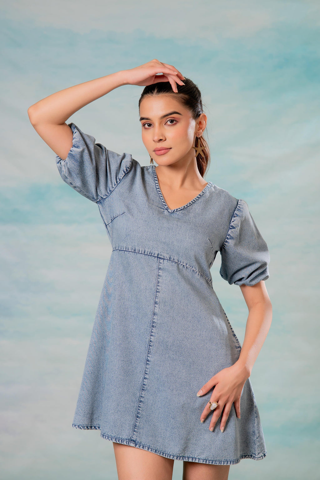Juniper Lamora Light Blue Denim A-Line Mini Dress With Puff Sleeves
