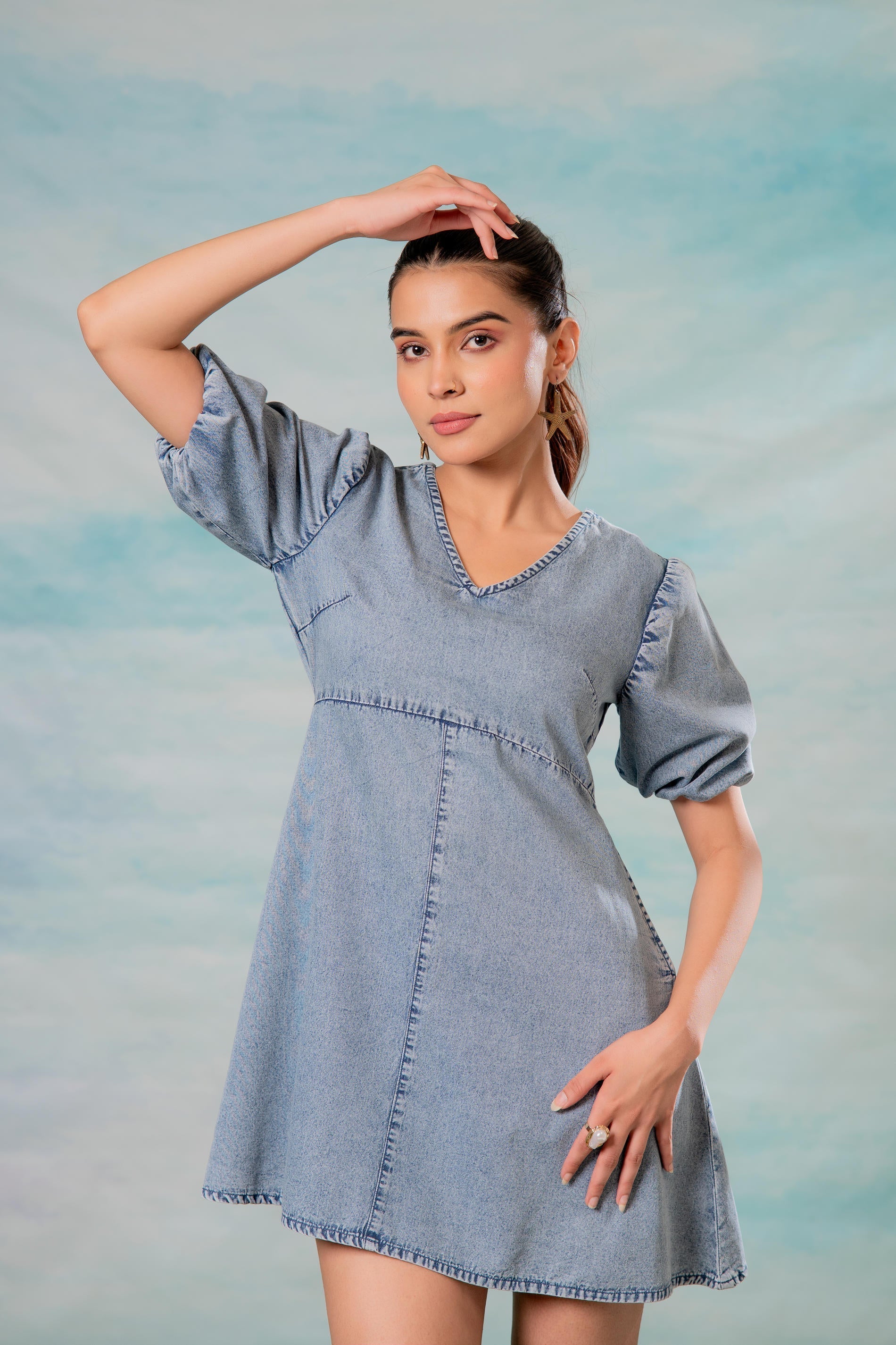 Juniper Lamora Light Blue Denim A-Line Mini Dress With Puff Sleeves