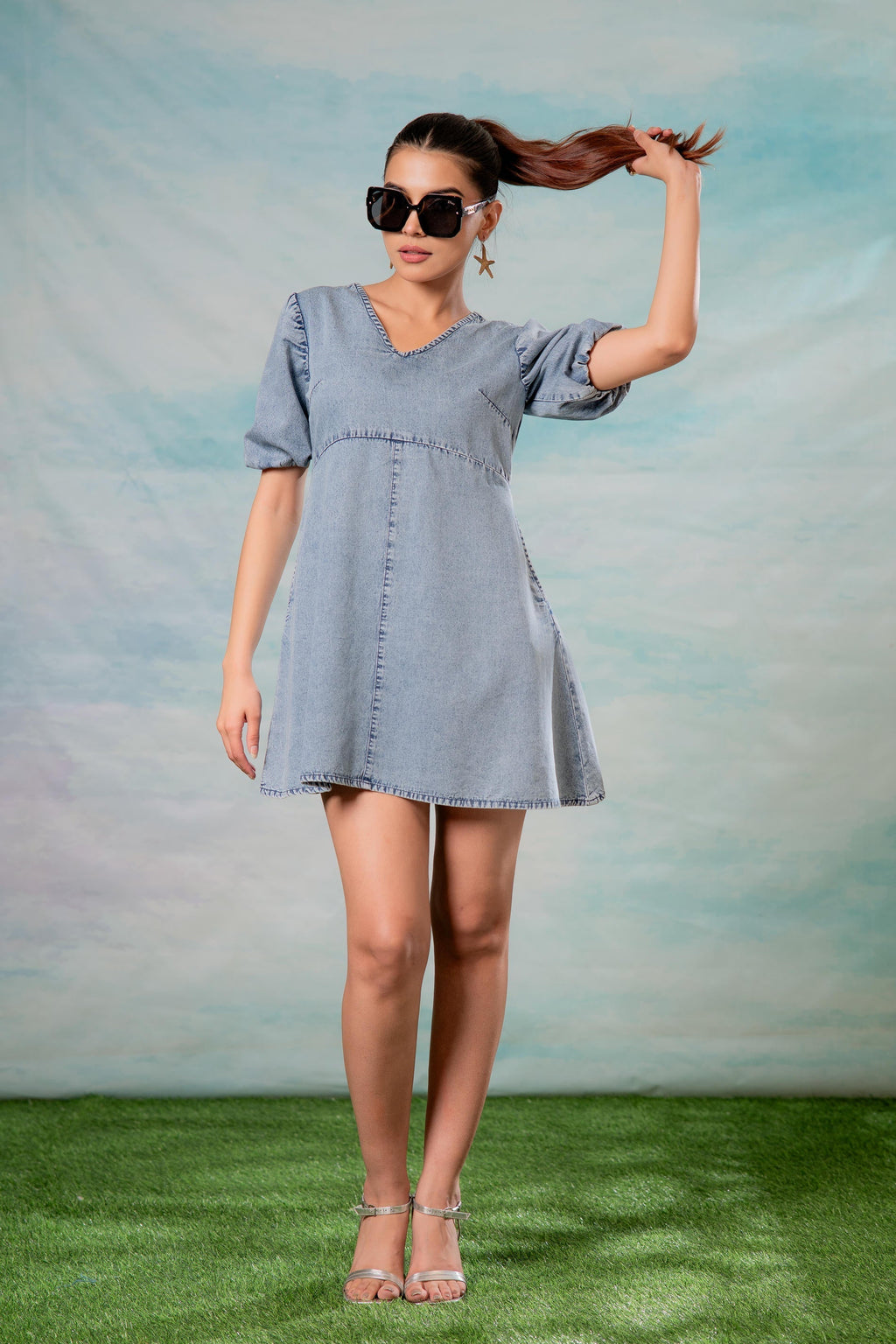 Juniper Lamora Light Blue Denim A-Line Mini Dress With Puff Sleeves