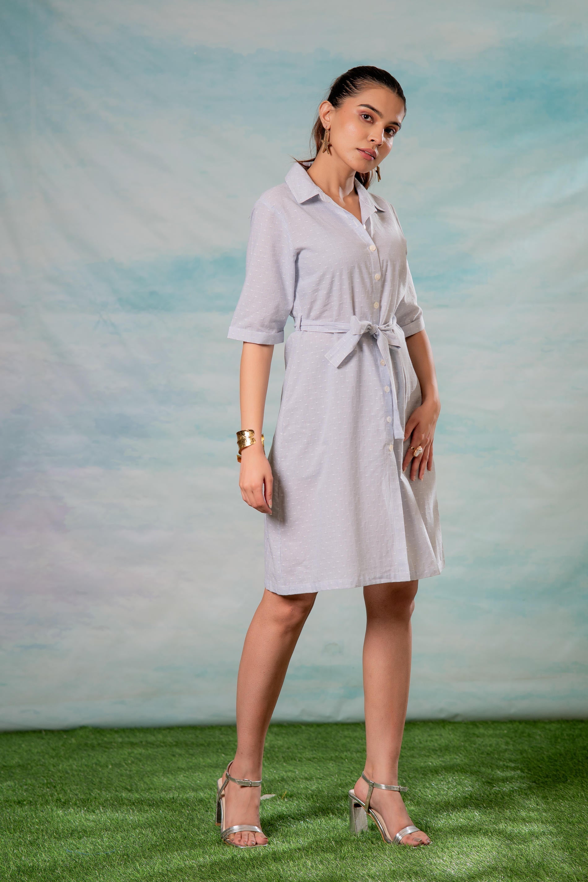 Juniper Lamora Women? Light Aqua Shirt Dress With Front Tie-Up Belt