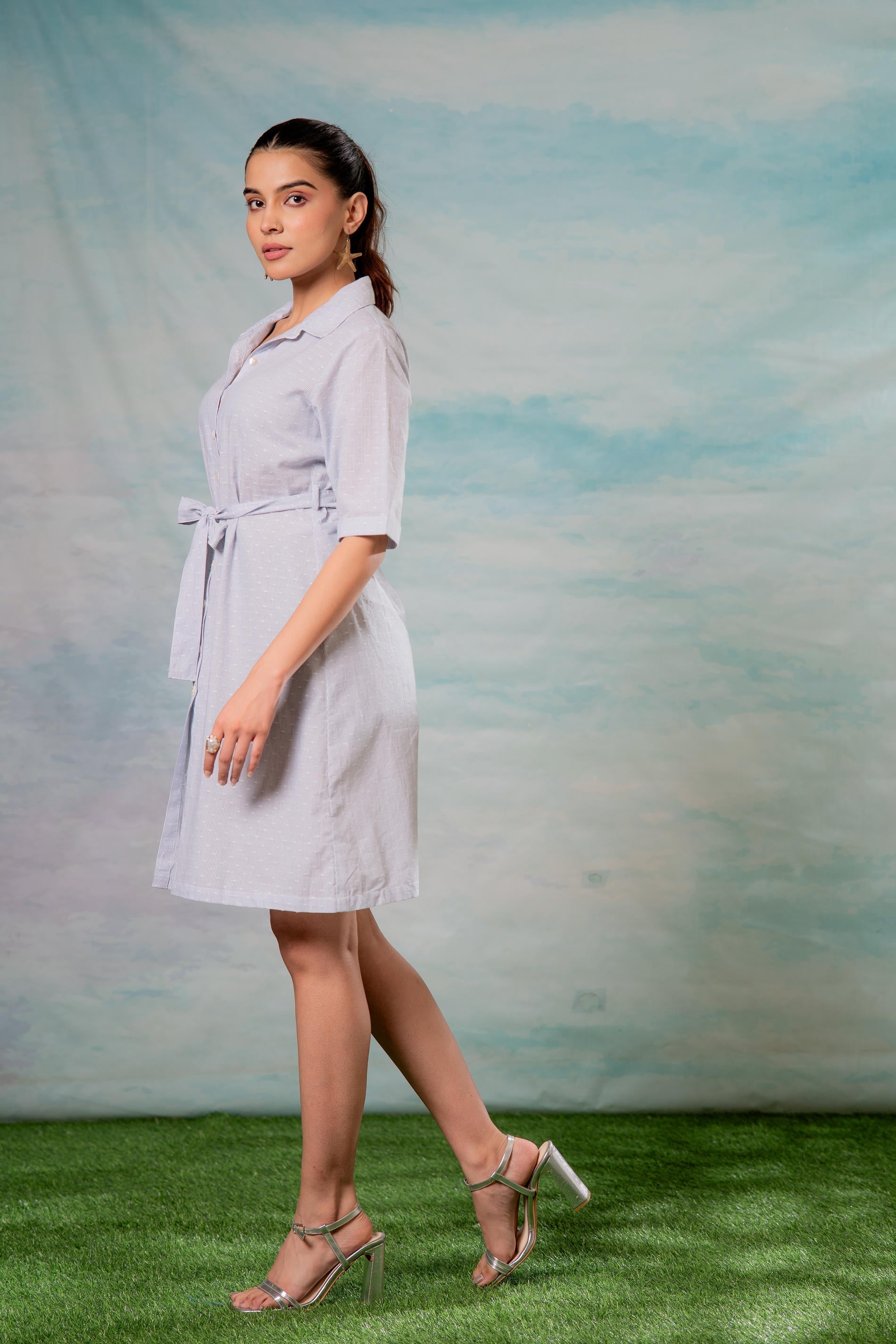 Juniper Lamora Women? Light Aqua Shirt Dress With Front Tie-Up Belt