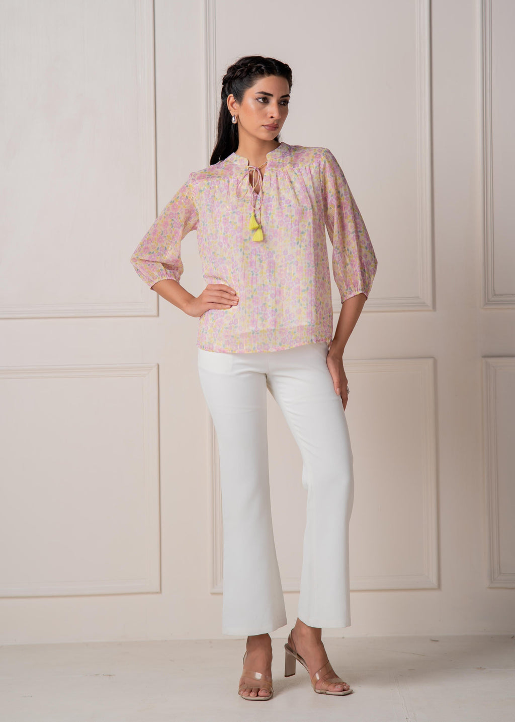 Juniper Lamora Pastel Floral Tie-Neck Peasant Top With Tassels