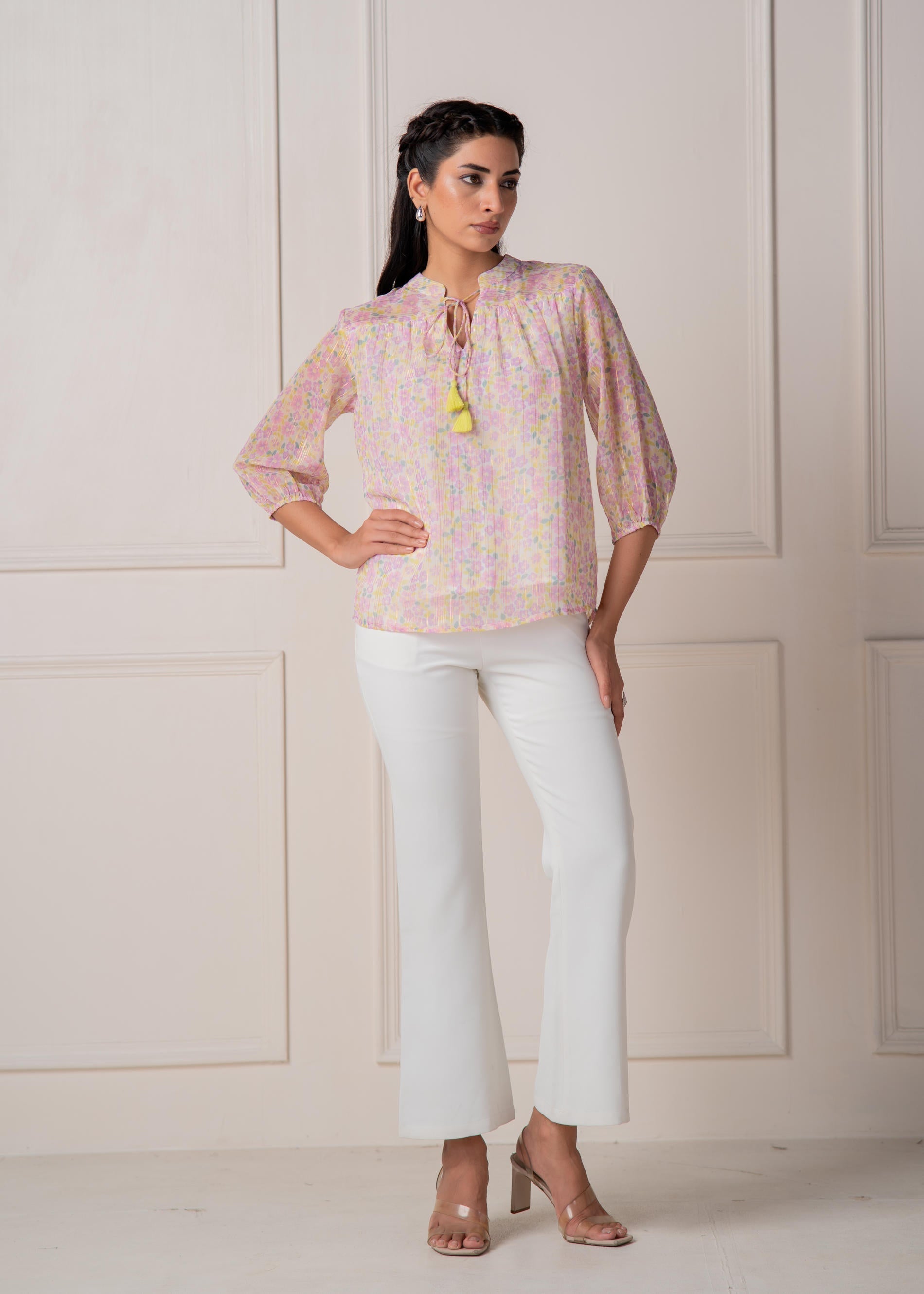 Juniper Lamora Pastel Floral Tie-Neck Peasant Top With Tassels