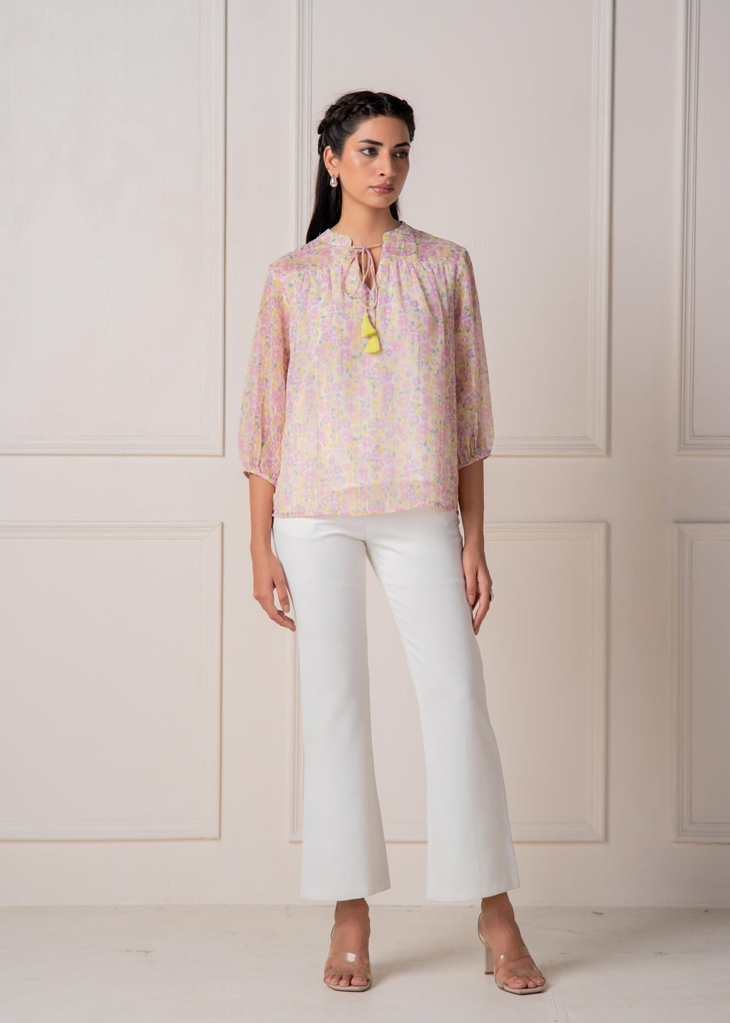 Juniper Lamora Pastel Floral Tie-Neck Peasant Top With Tassels
