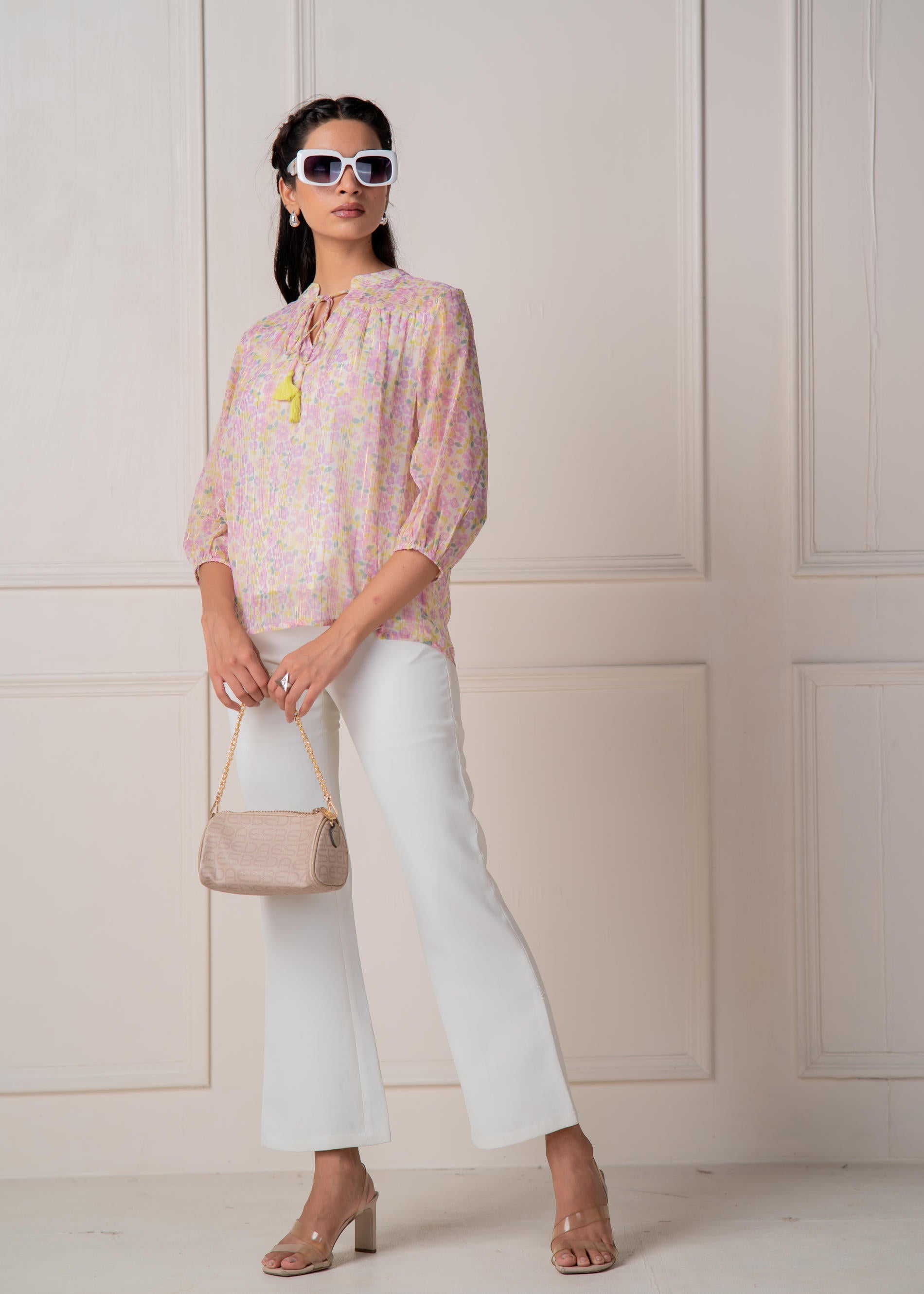 Juniper Lamora Pastel Floral Tie-Neck Peasant Top With Tassels