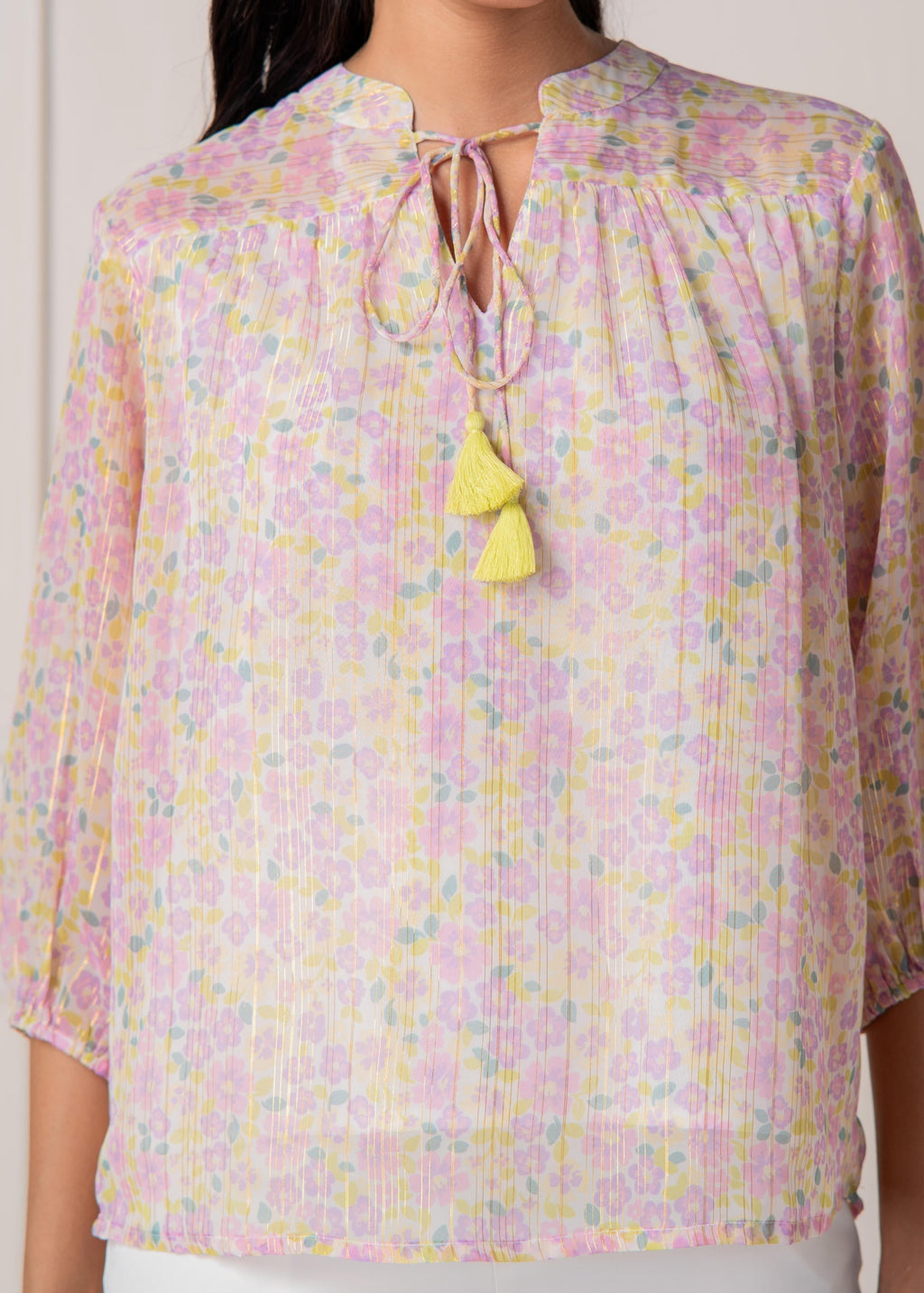 Juniper Lamora Pastel Floral Tie-Neck Peasant Top With Tassels