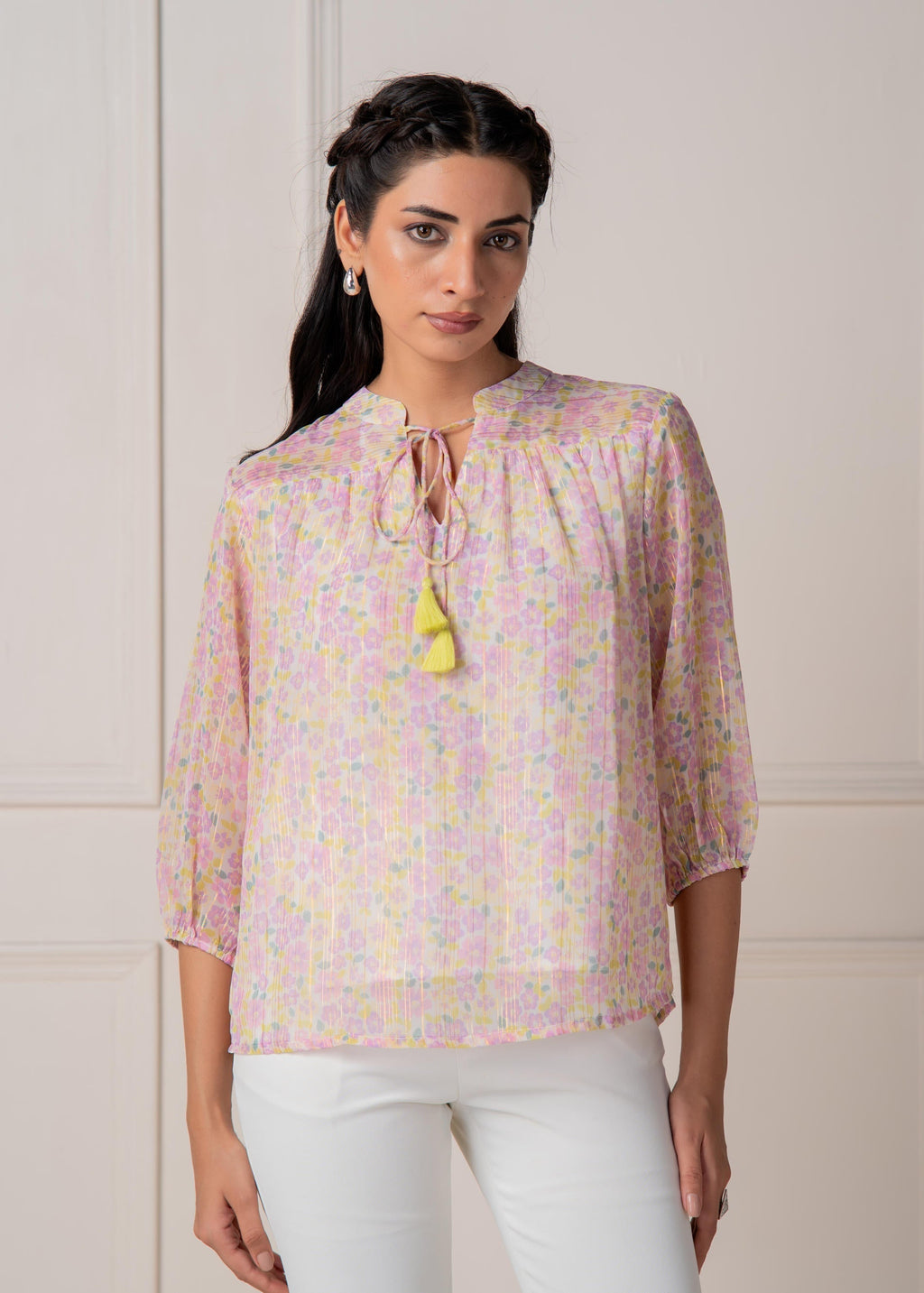 Juniper Lamora Pastel Floral Tie-Neck Peasant Top With Tassels