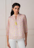 Juniper Lamora Pastel Floral Tie-Neck Peasant Top With Tassels