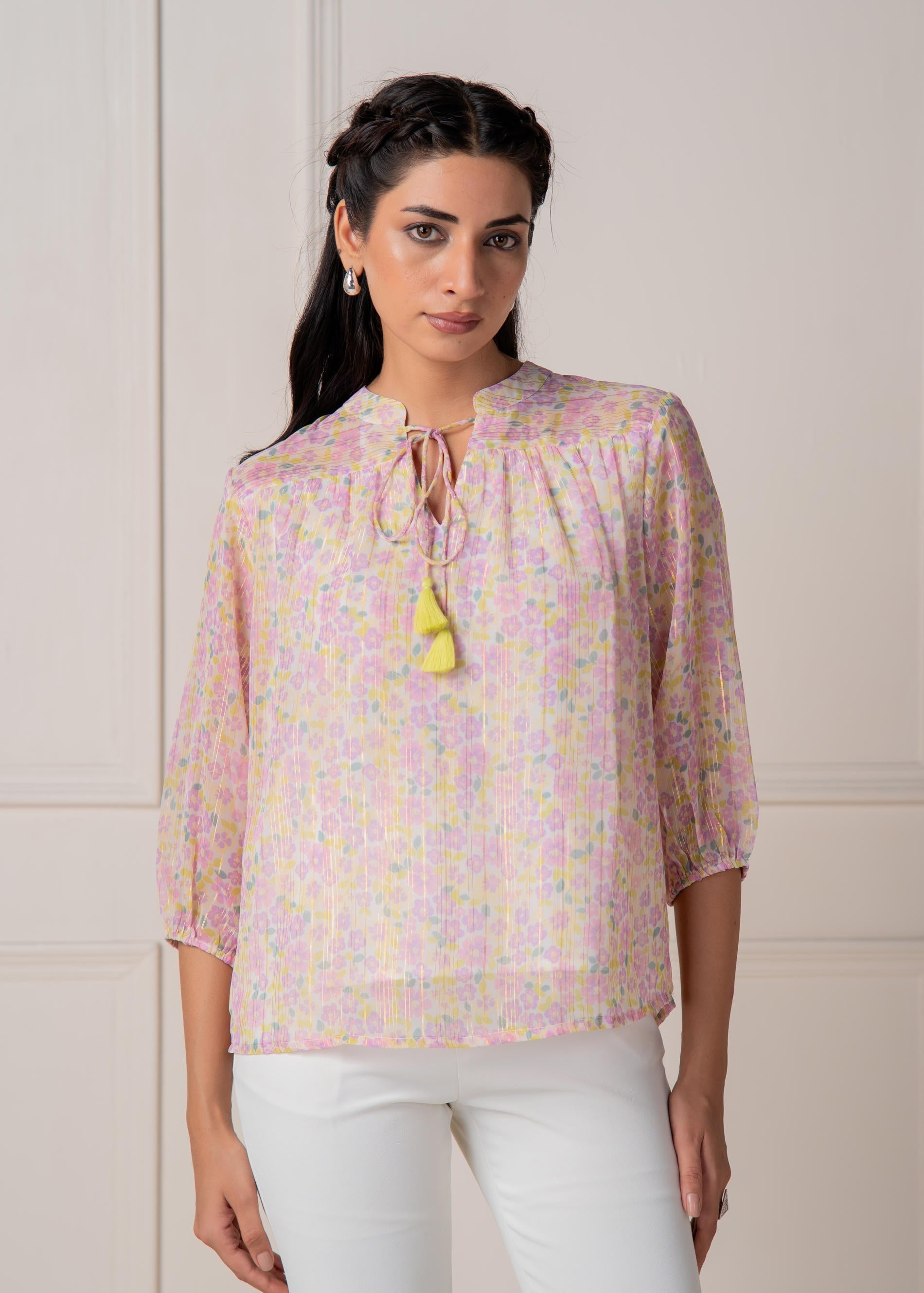 Juniper Lamora Pastel Floral Tie-Neck Peasant Top With Tassels