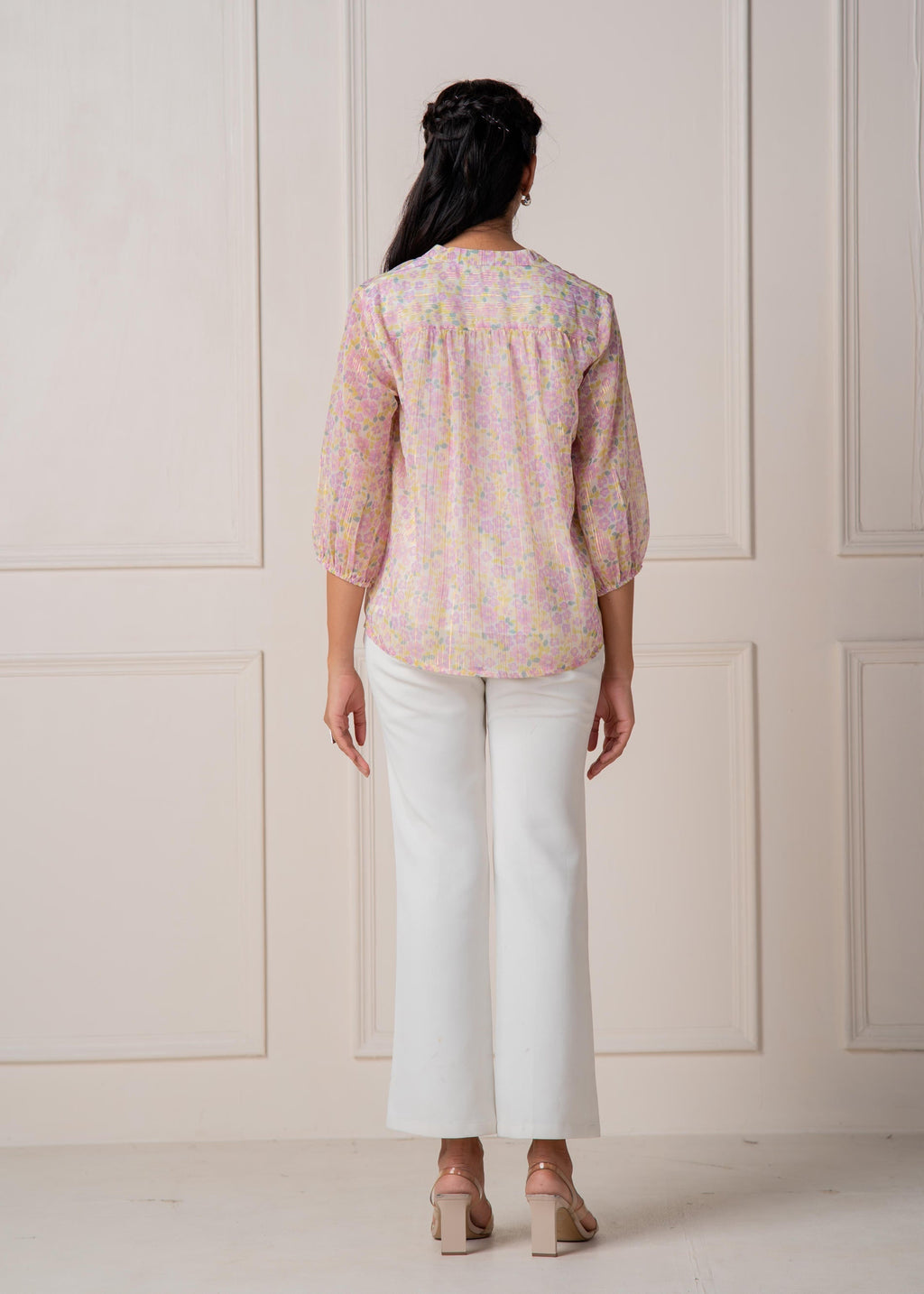 Juniper Lamora Pastel Floral Tie-Neck Peasant Top With Tassels