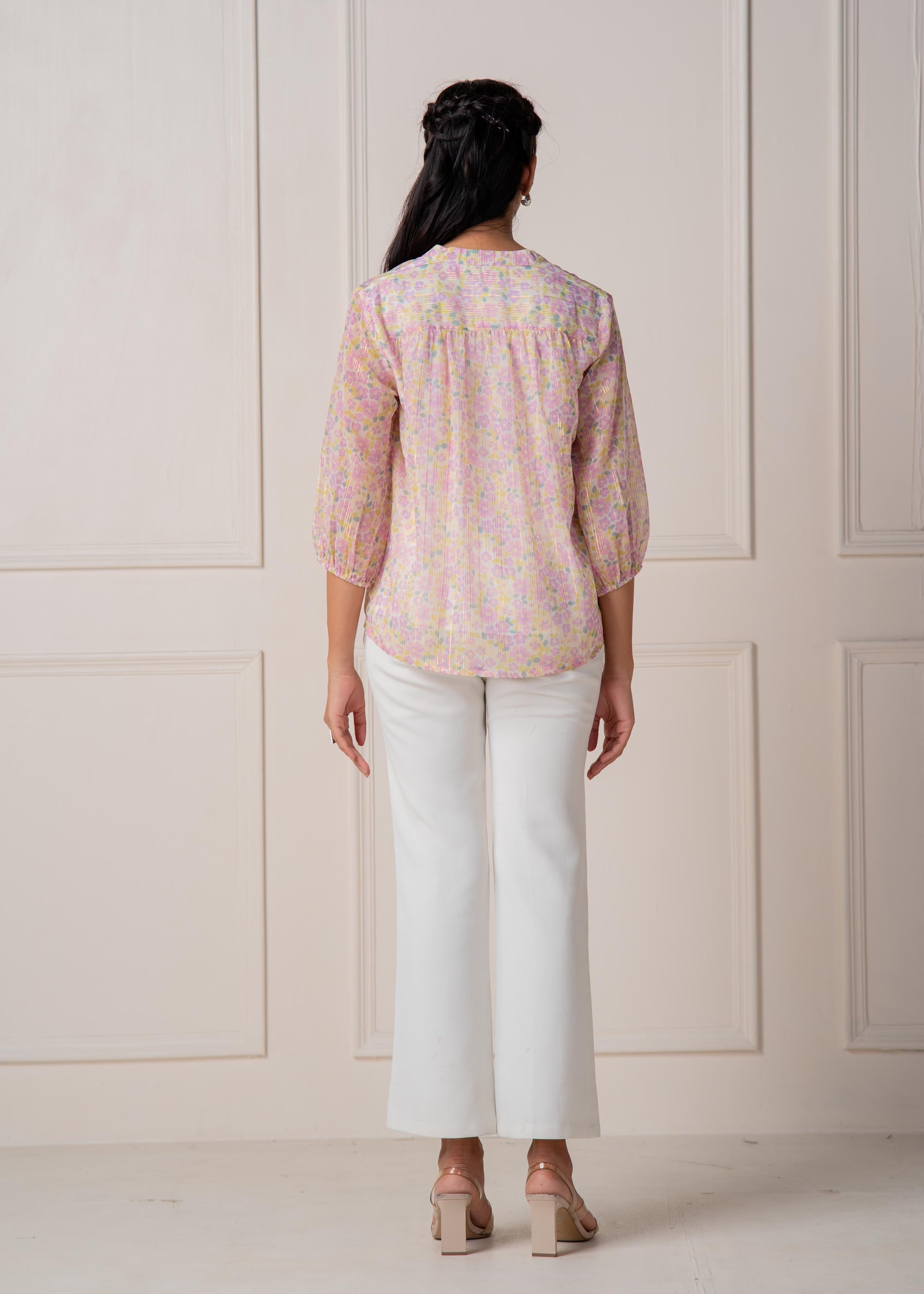 Juniper Lamora Pastel Floral Tie-Neck Peasant Top With Tassels