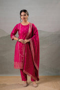 Juniper Fuchsia Foil-Print Straight Kurta Set With Pant & Ornate Dupatta