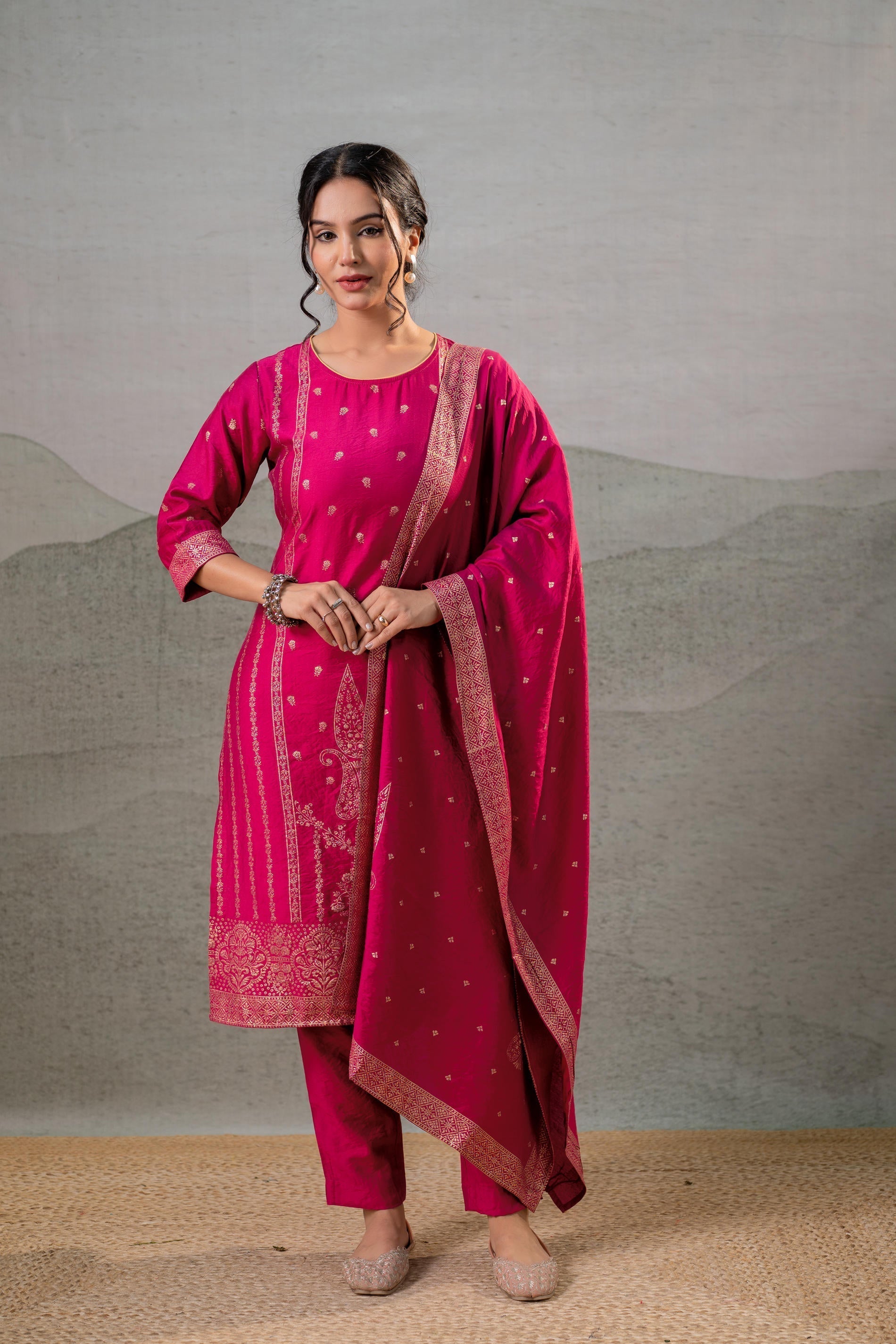Juniper Fuchsia Foil-Print Straight Kurta Set With Pant & Ornate Dupatta