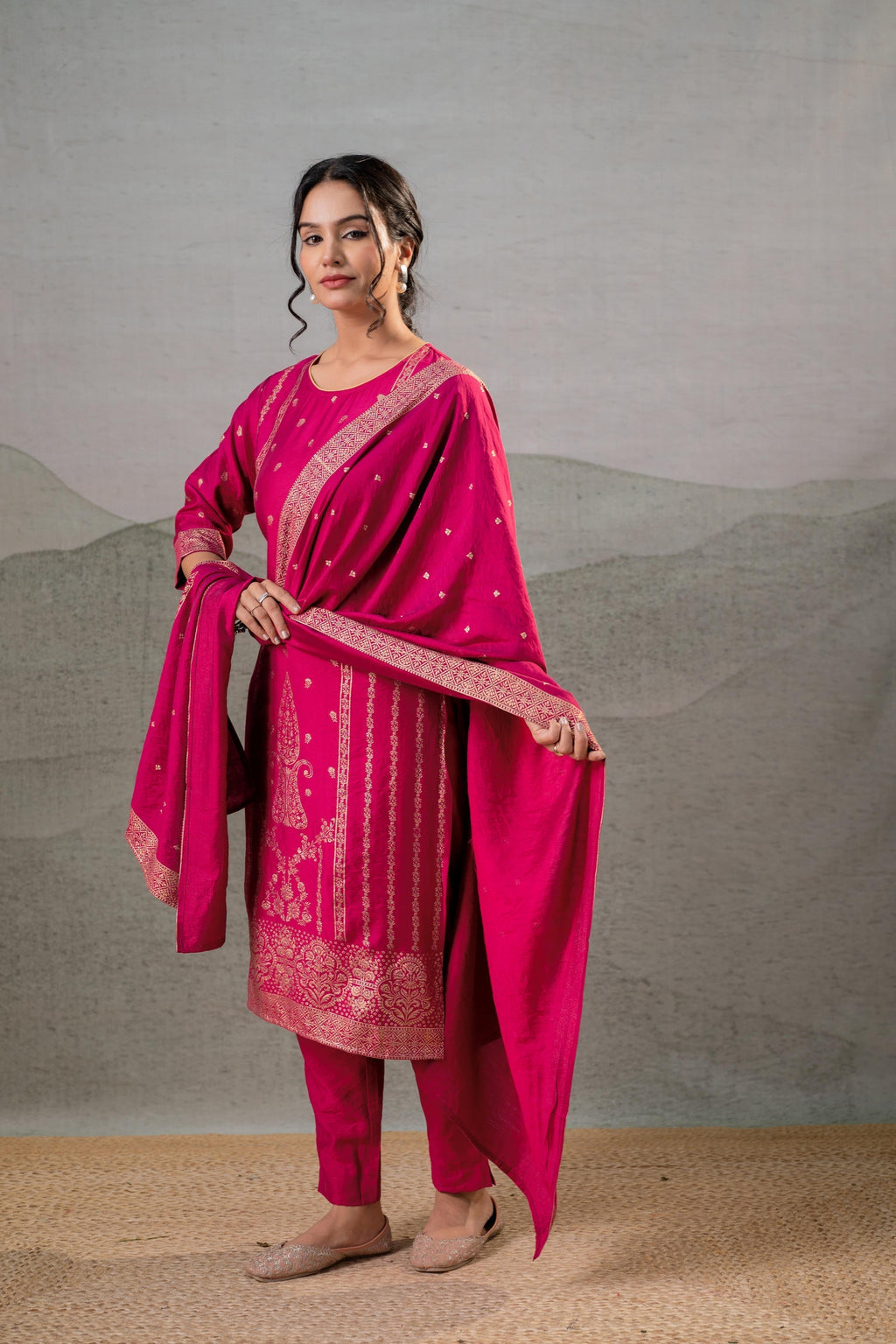 Juniper Fuchsia Foil-Print Straight Kurta Set With Pant & Ornate Dupatta