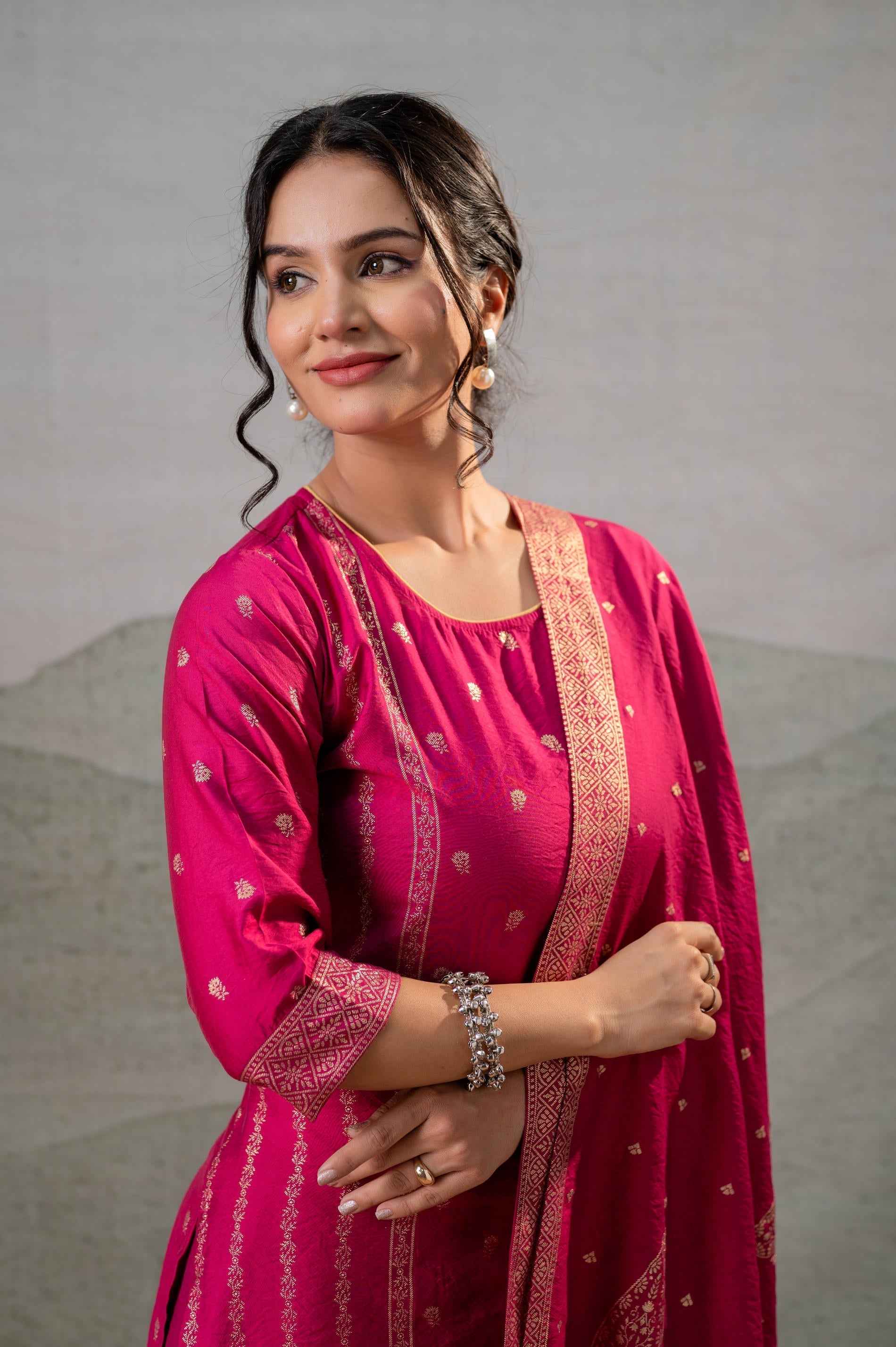 Juniper Fuchsia Foil-Print Straight Kurta Set With Pant & Ornate Dupatta