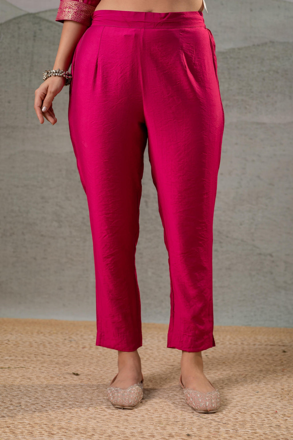 Juniper Fuchsia Foil-Print Straight Kurta Set With Pant & Ornate Dupatta