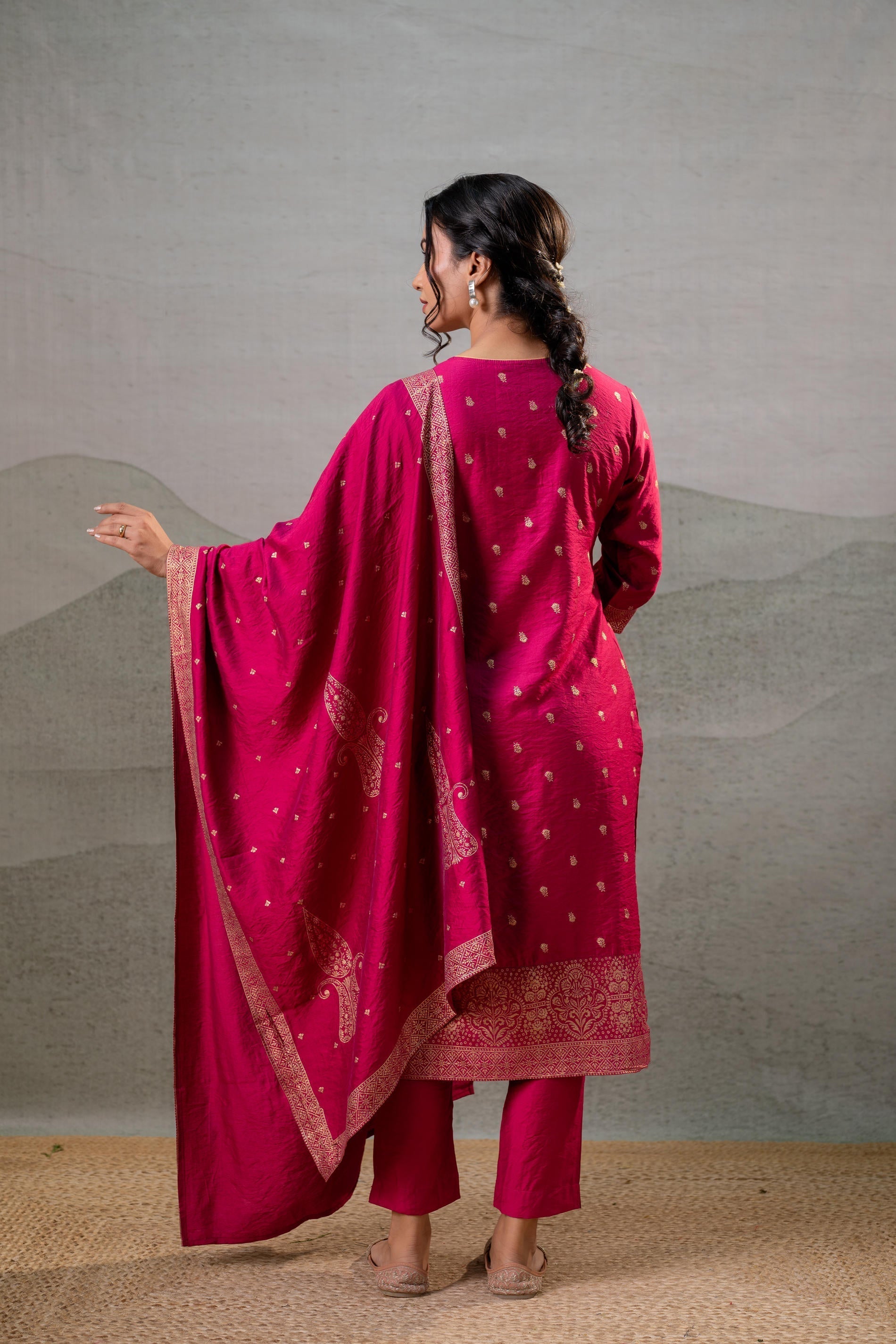 Juniper Fuchsia Foil-Print Straight Kurta Set With Pant & Ornate Dupatta