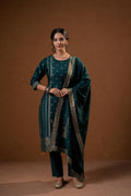 Juniper Green Foil-Print Straight Kurta Set With Pant & Ornate Dupatta