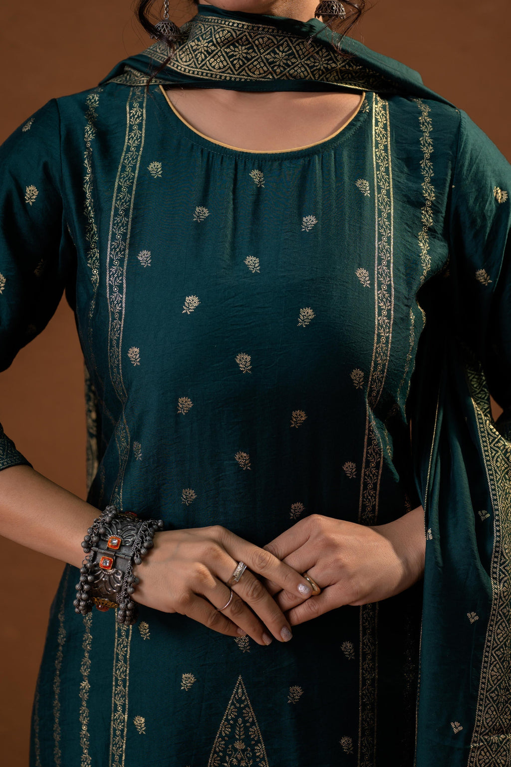 Juniper Green Foil-Print Straight Kurta Set With Pant & Ornate Dupatta