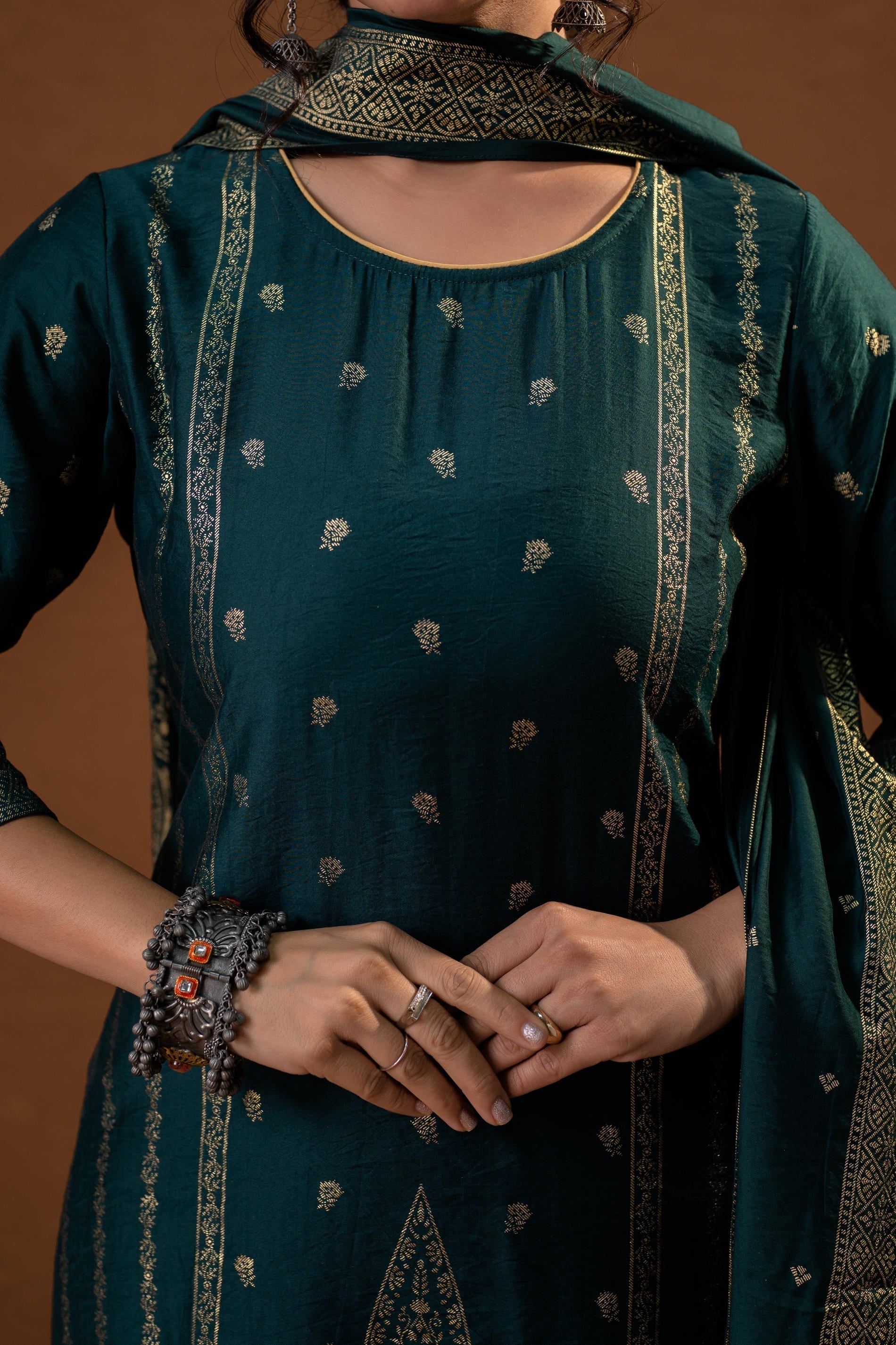 Juniper Green Foil-Print Straight Kurta Set With Pant & Ornate Dupatta