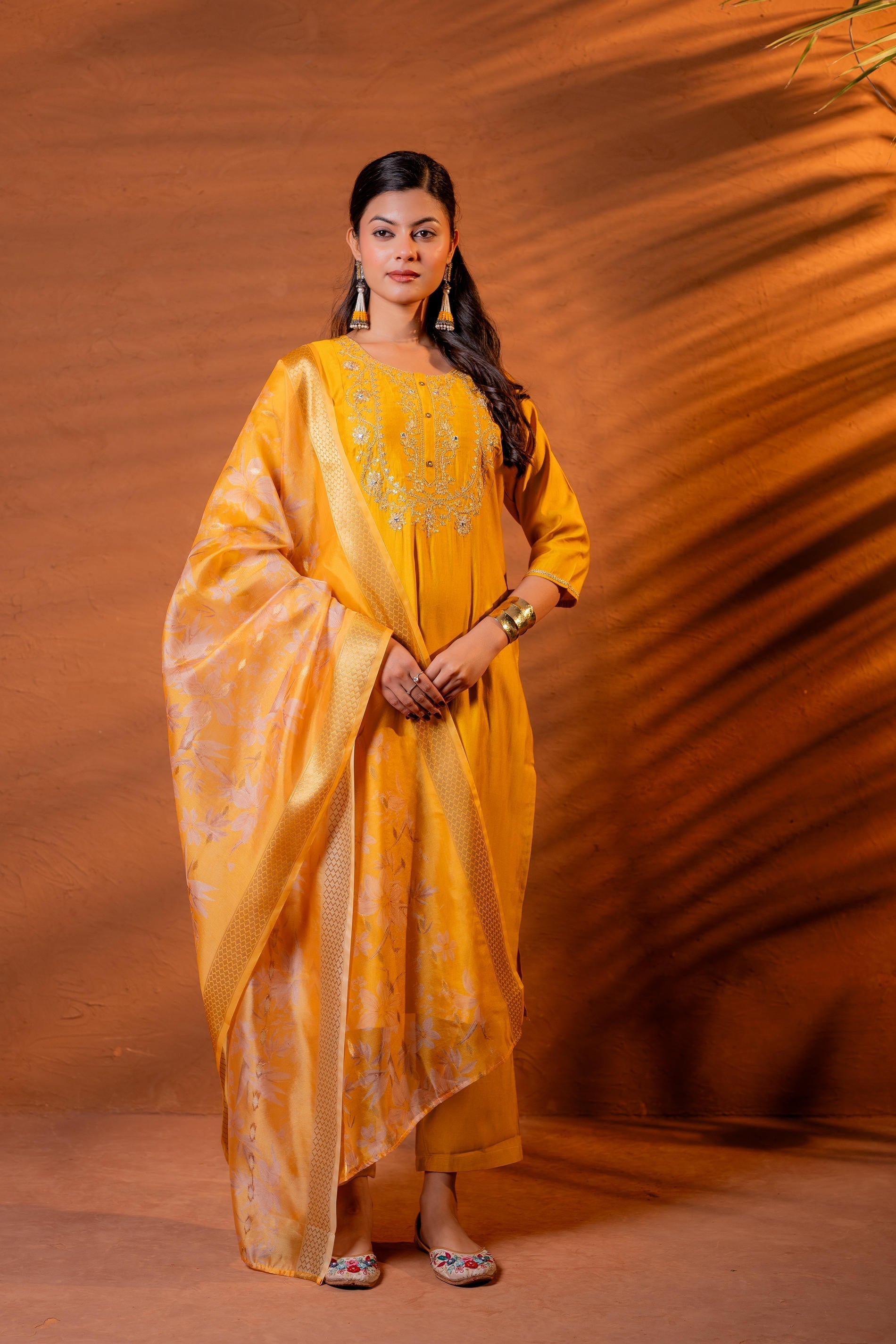 Juniper Mustard, Zari Embroidered Straight Kurta Set With Abstract Printed Dupatta