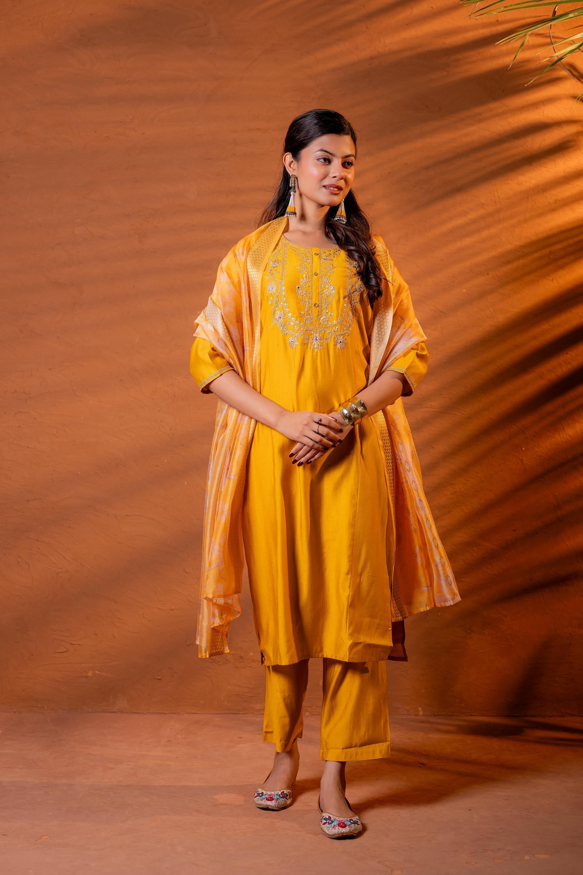 Juniper Mustard, Zari Embroidered Straight Kurta Set With Abstract Printed Dupatta
