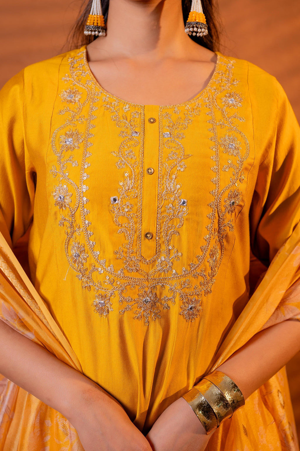 Juniper Mustard, Zari Embroidered Straight Kurta Set With Abstract Printed Dupatta