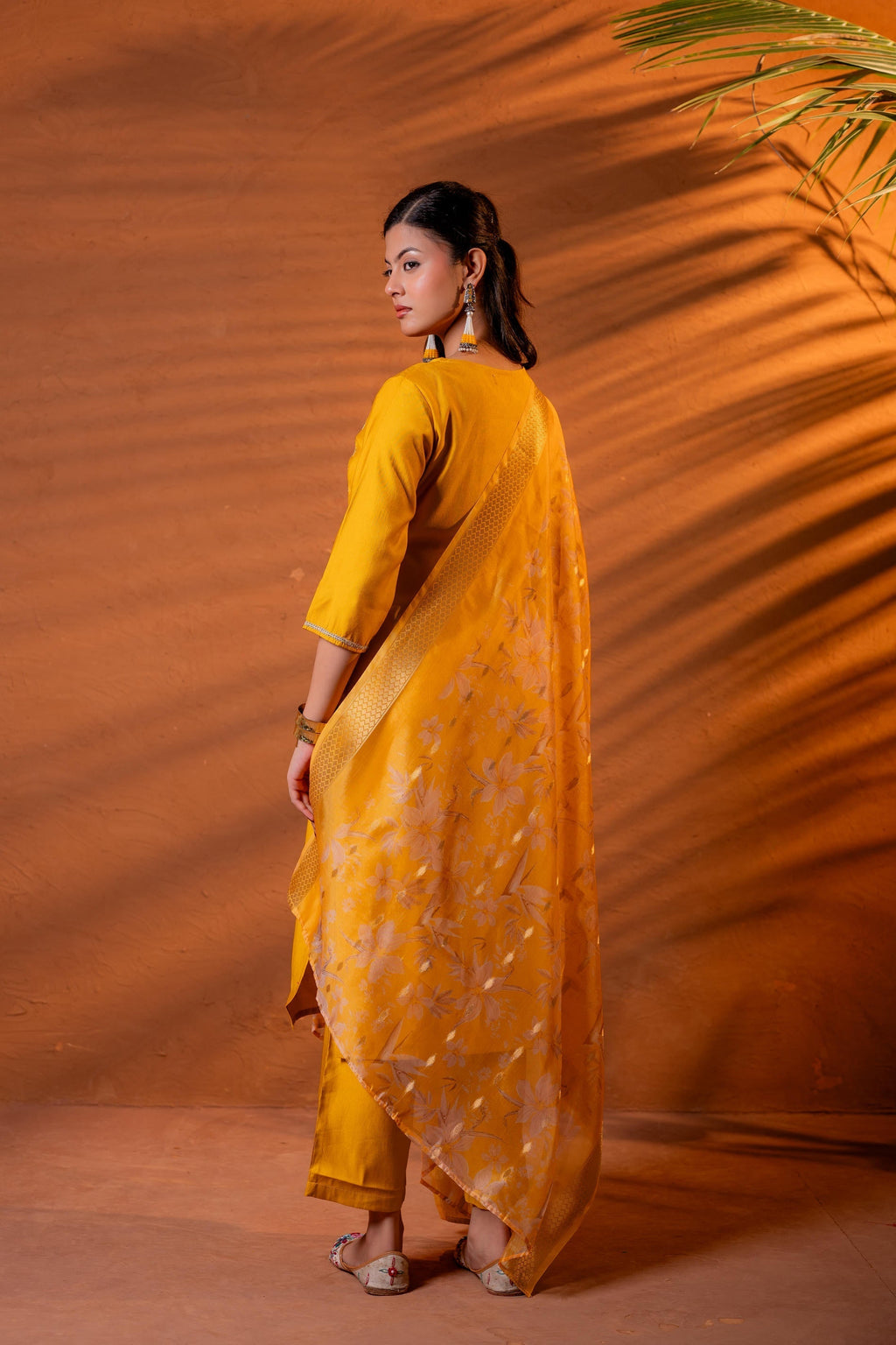 Juniper Mustard, Zari Embroidered Straight Kurta Set With Abstract Printed Dupatta