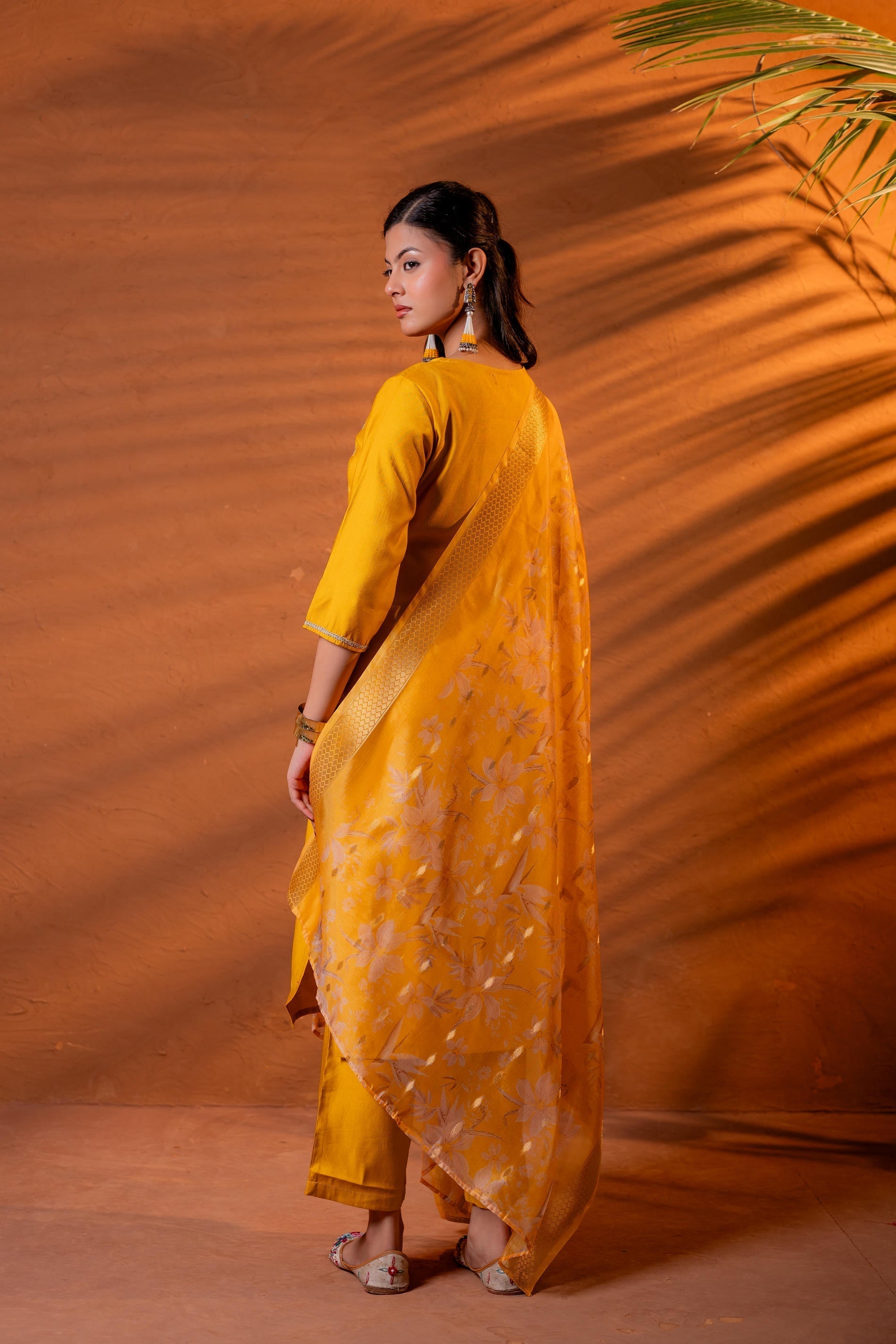 Juniper Mustard, Zari Embroidered Straight Kurta Set With Abstract Printed Dupatta
