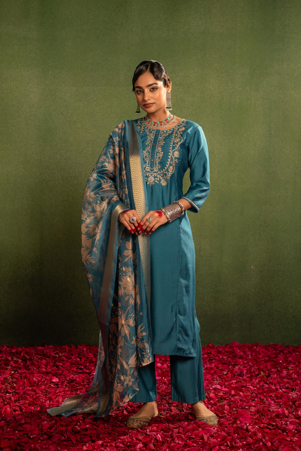 Juniper Teal, Embroidered Kurta Set With Jacquard Dupatta