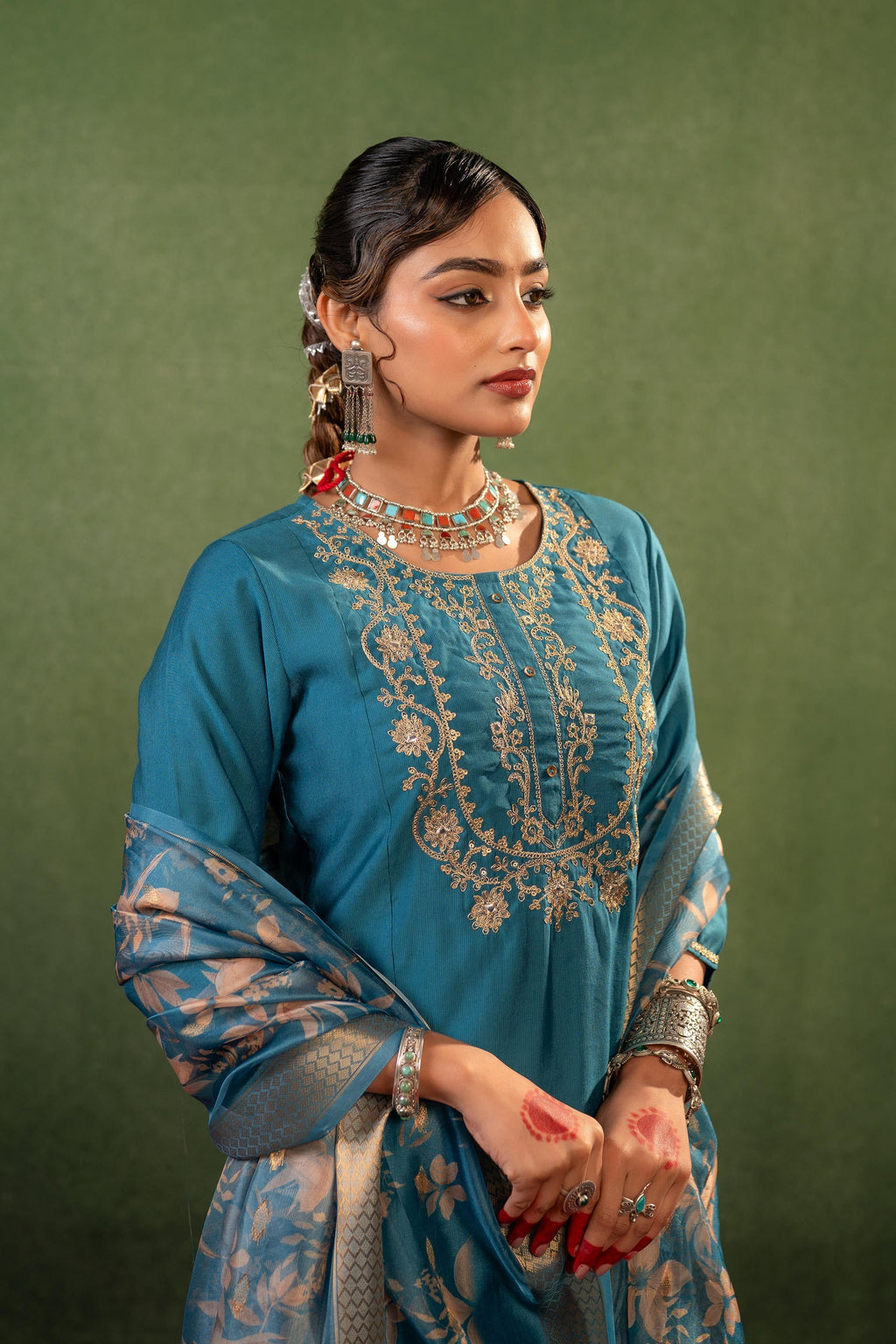 Juniper Teal, Embroidered Kurta Set With Jacquard Dupatta