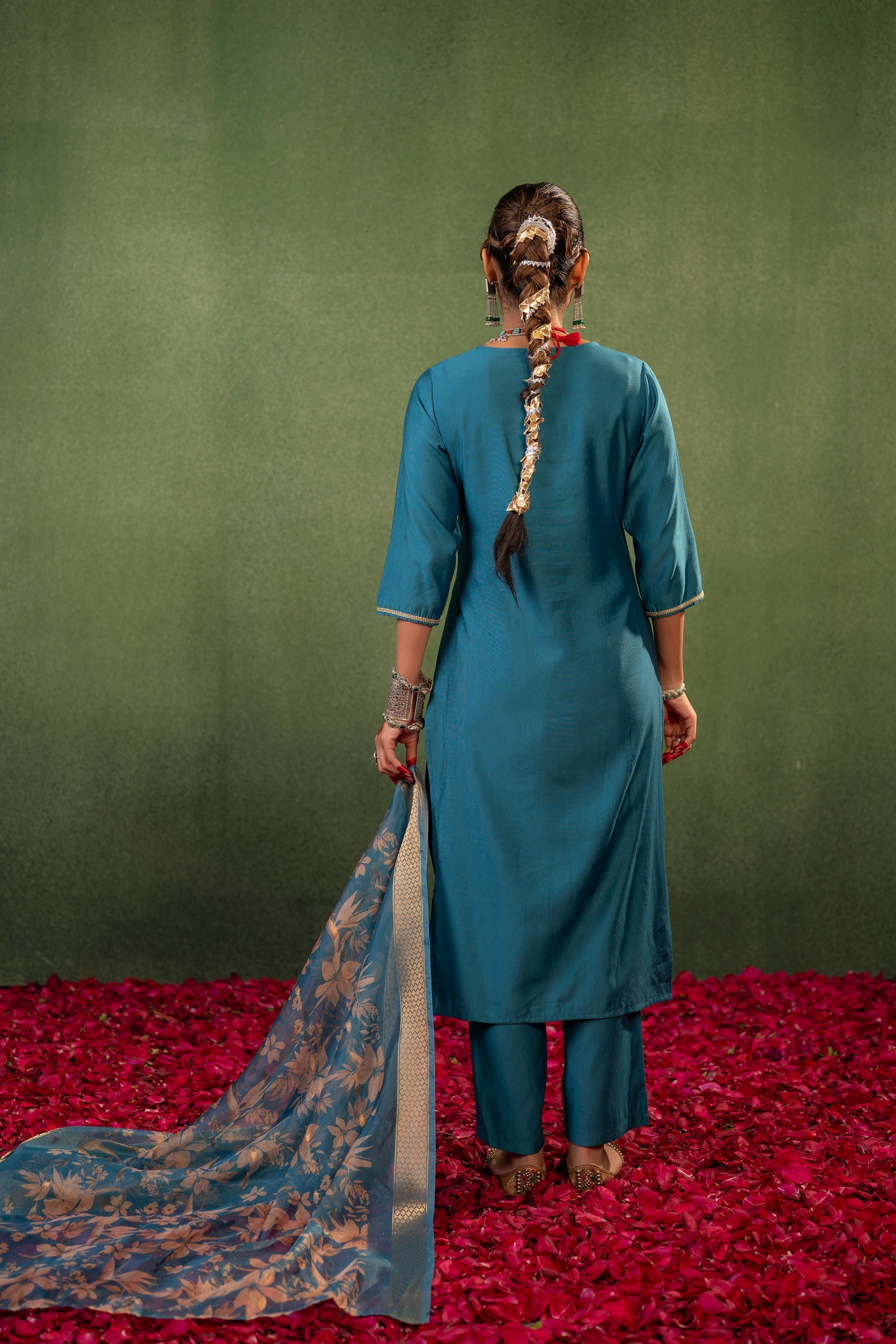 Juniper Teal, Embroidered Kurta Set With Jacquard Dupatta