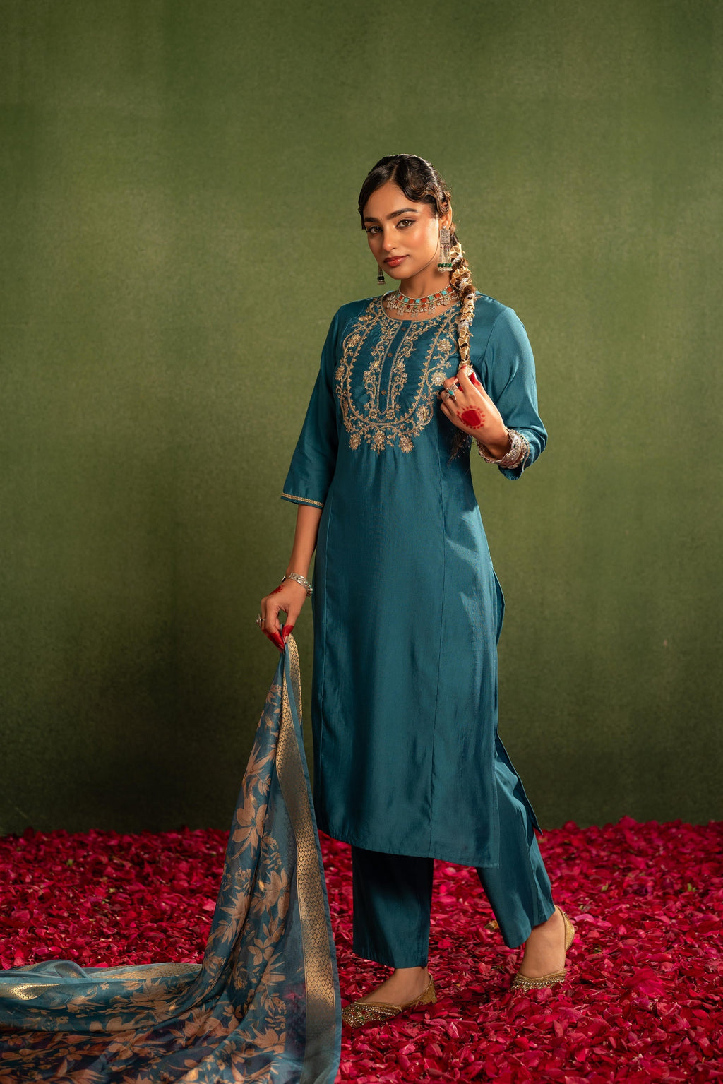 Juniper Teal, Embroidered Kurta Set With Jacquard Dupatta