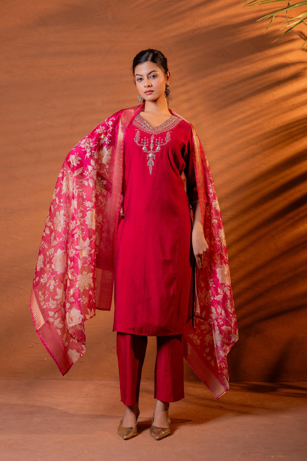 Juniper Fuchsia Zari Embroidered Straight Kurta Set With Floral Printed Dupatta
